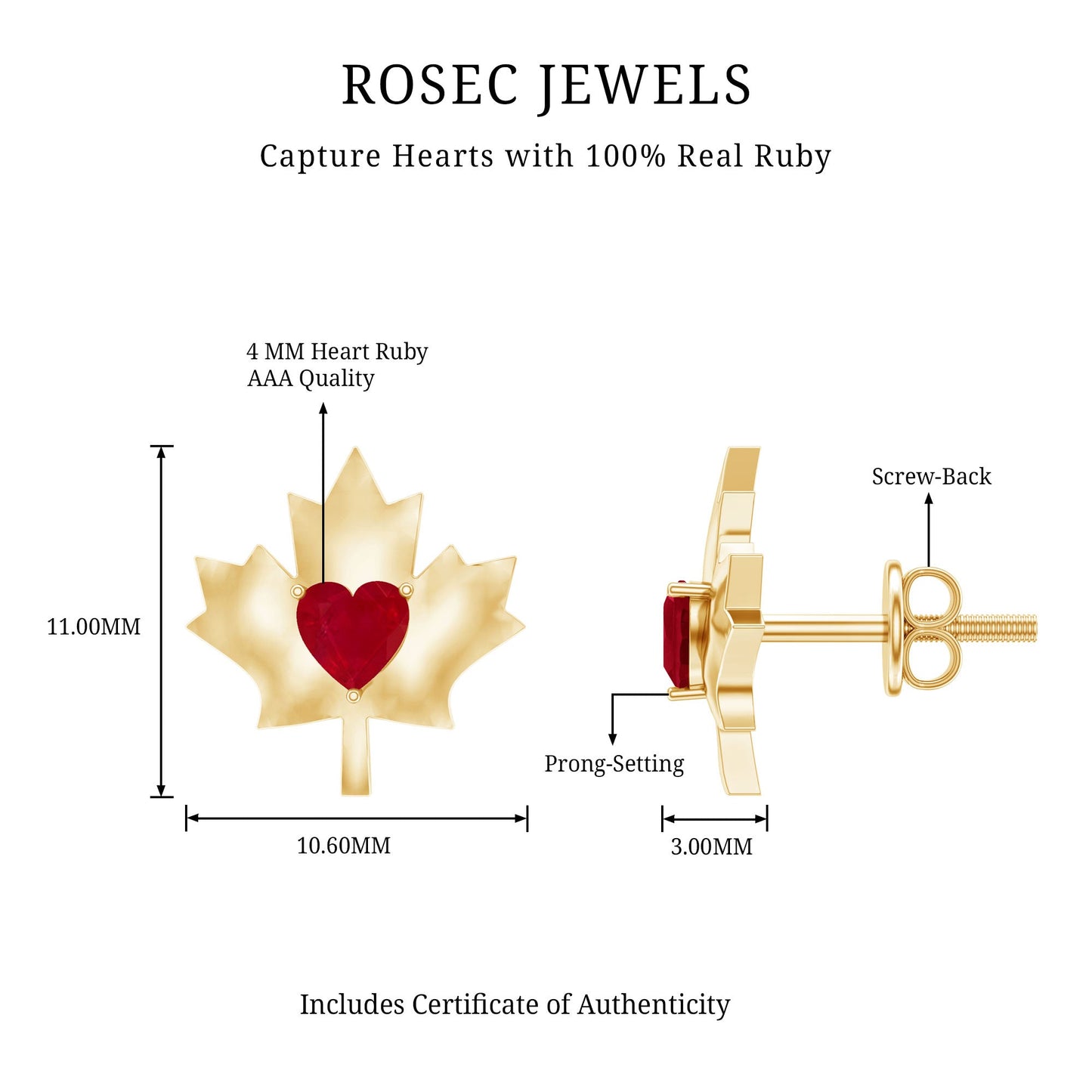 0.94 Carat Heart Shape Ruby Maple Leaf Stud Earrings
