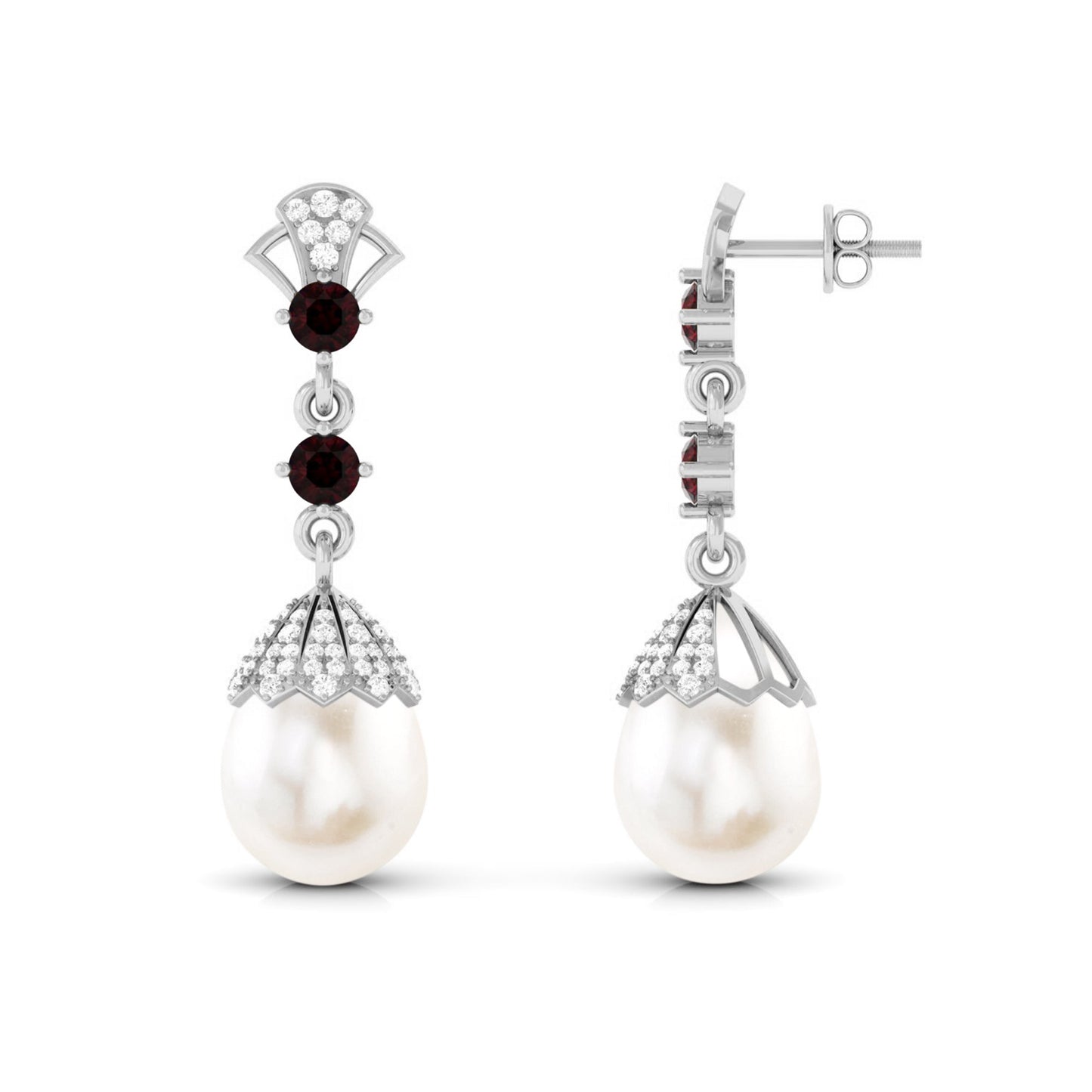 Vintage Inspired Pearl Dangle Earrings with Garnet