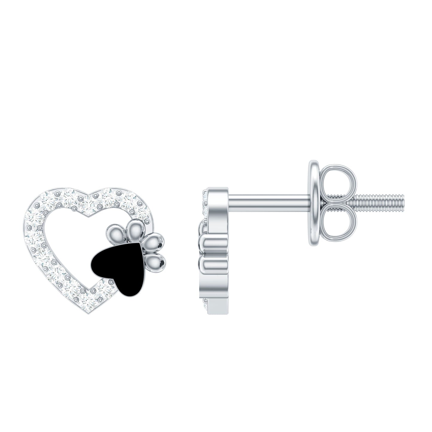 Moissanite Heart and Paw Stud Earrings with Enamel