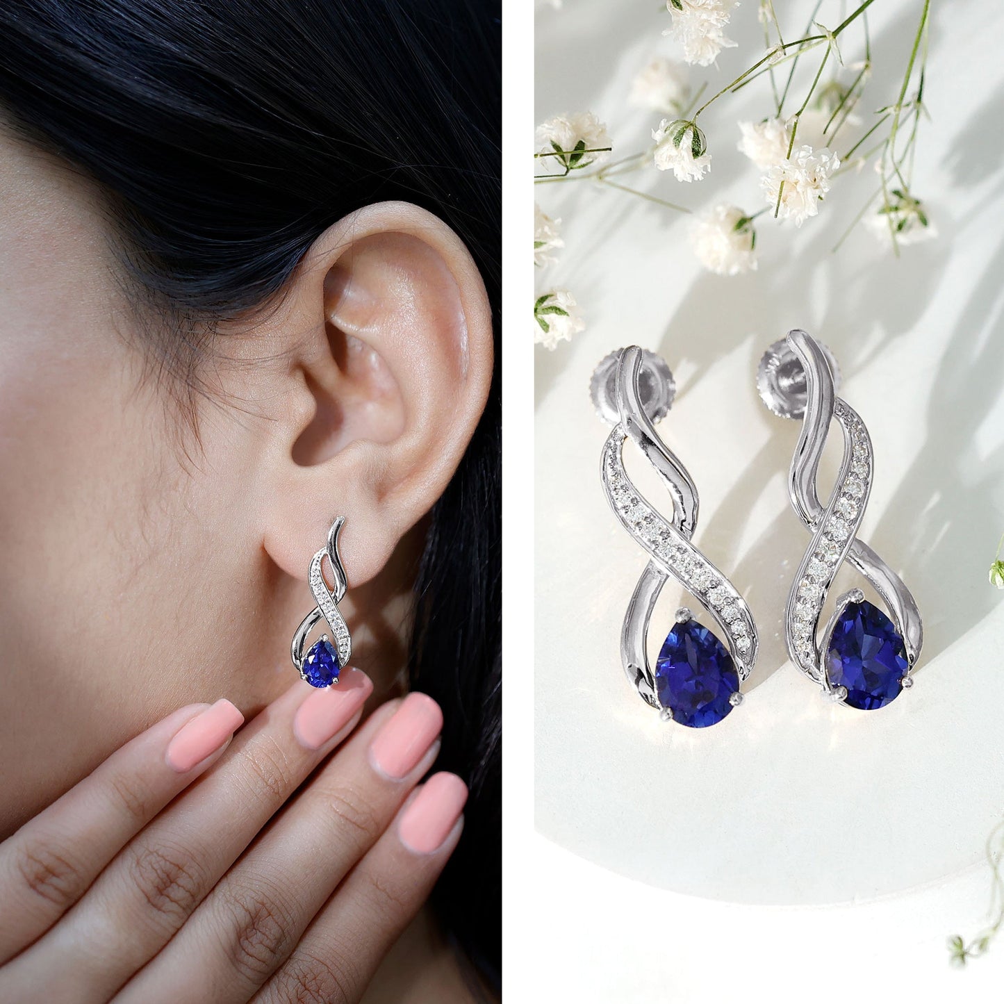 Lab Grown Blue Sapphire Infinity Drop Earrings with Diamond