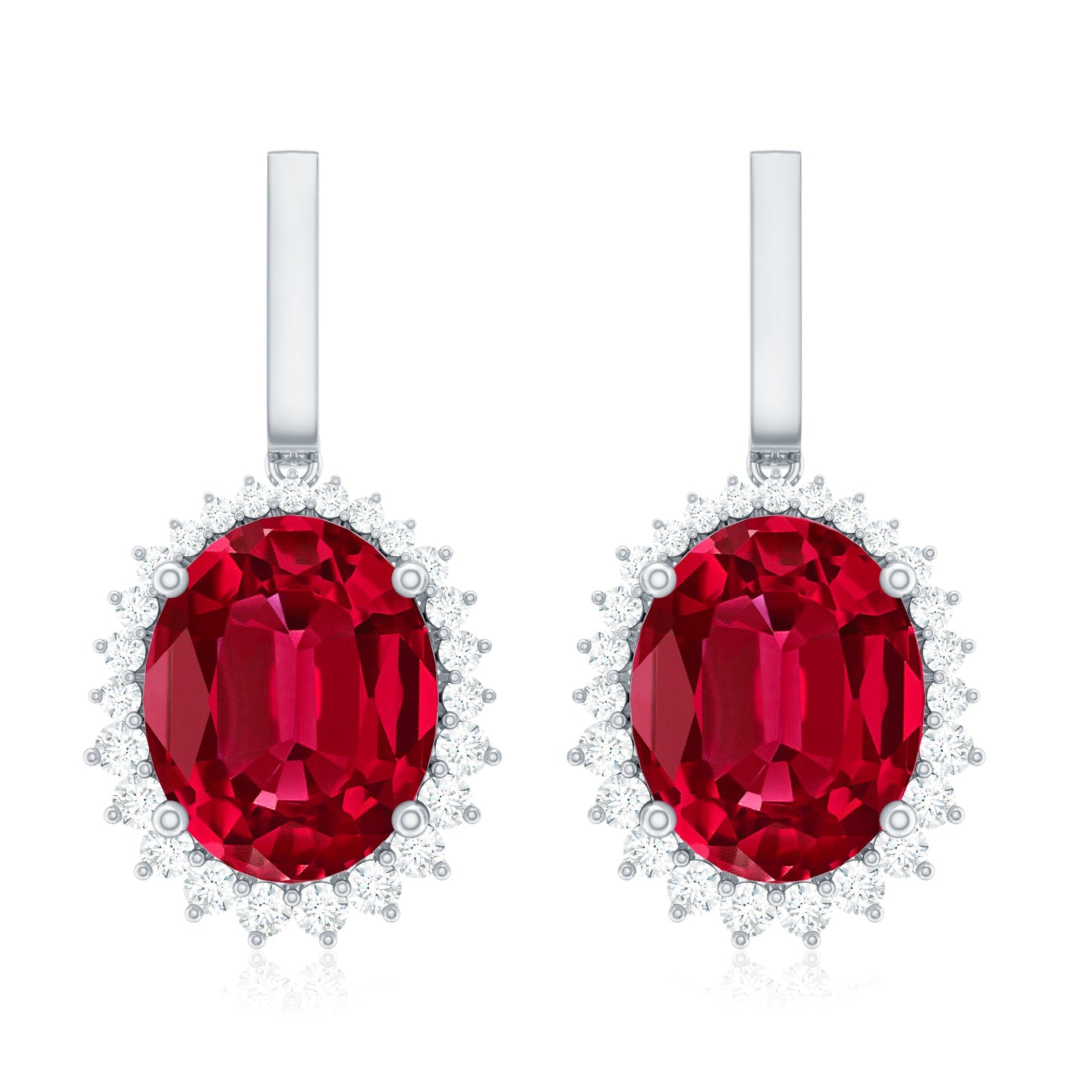 Lab Grown Ruby Vintage Inspired Earrings with Diamond Halo