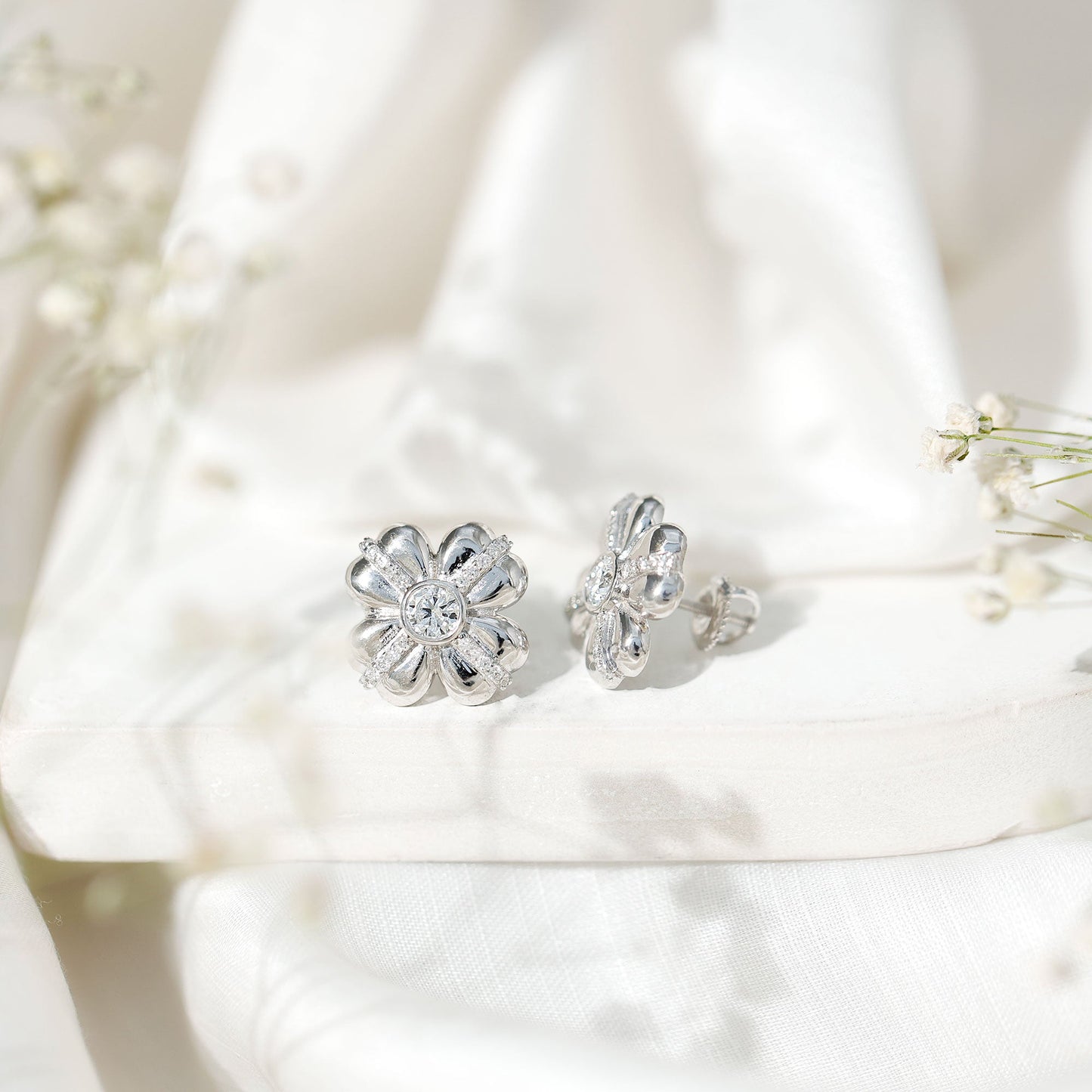 Lab Grown Diamond Flower Stud Earrings With Screw Back