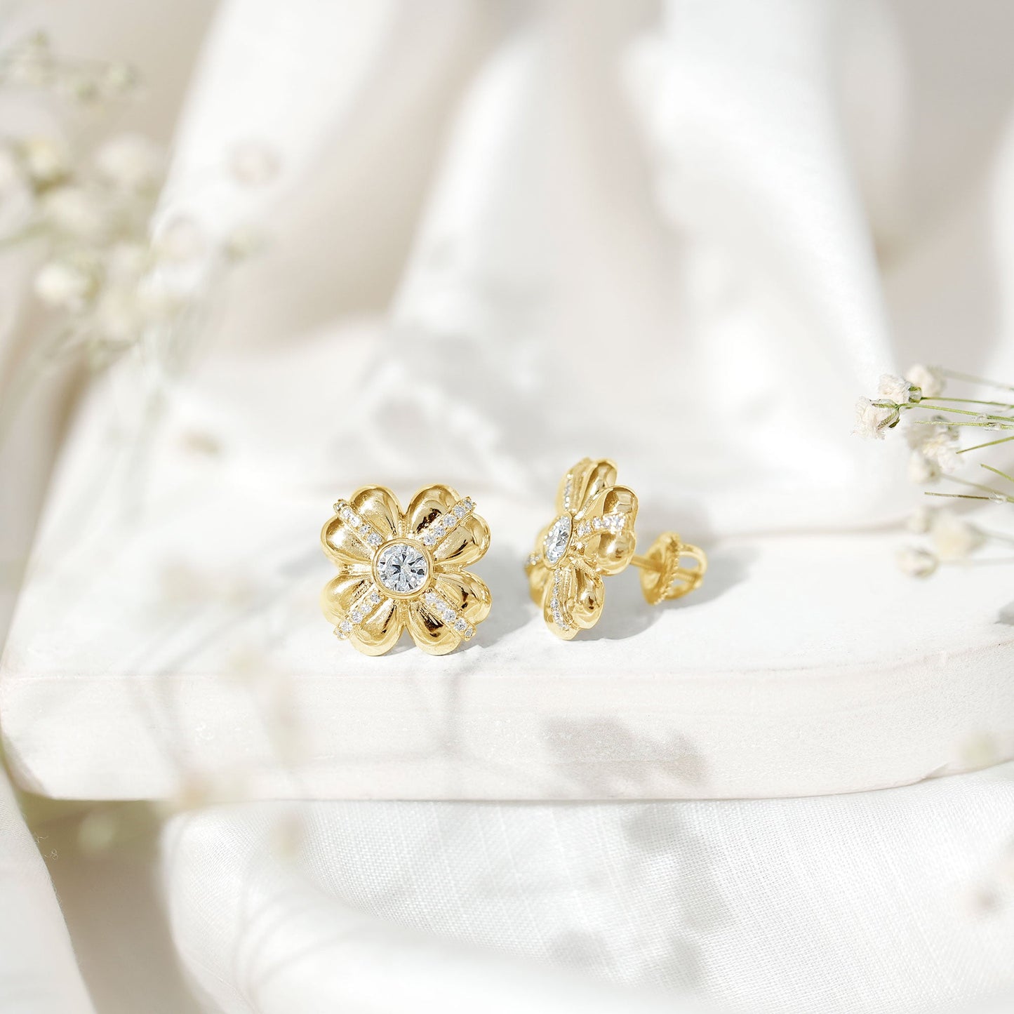Lab Grown Diamond Flower Stud Earrings With Screw Back