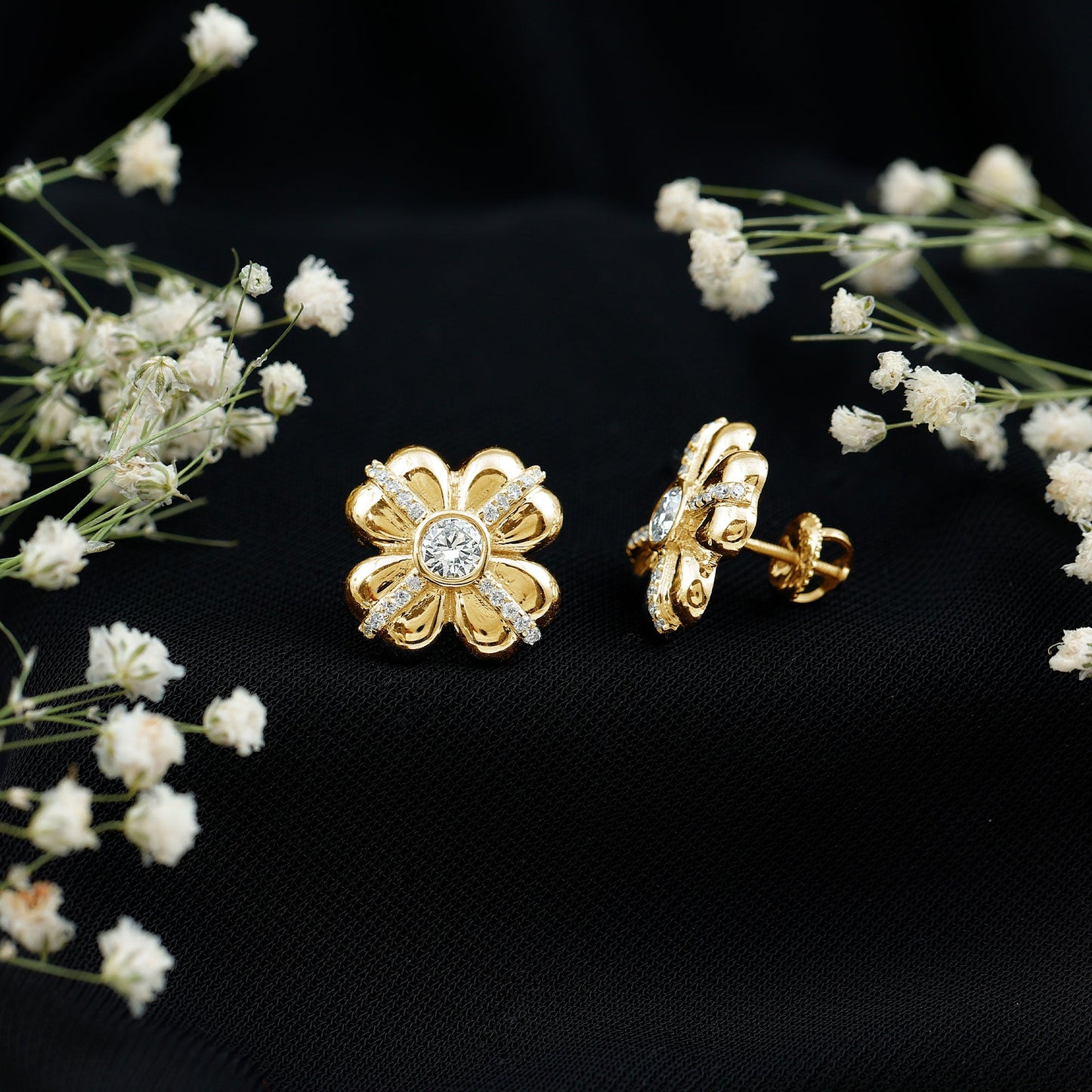 Lab Grown Diamond Flower Stud Earrings With Screw Back