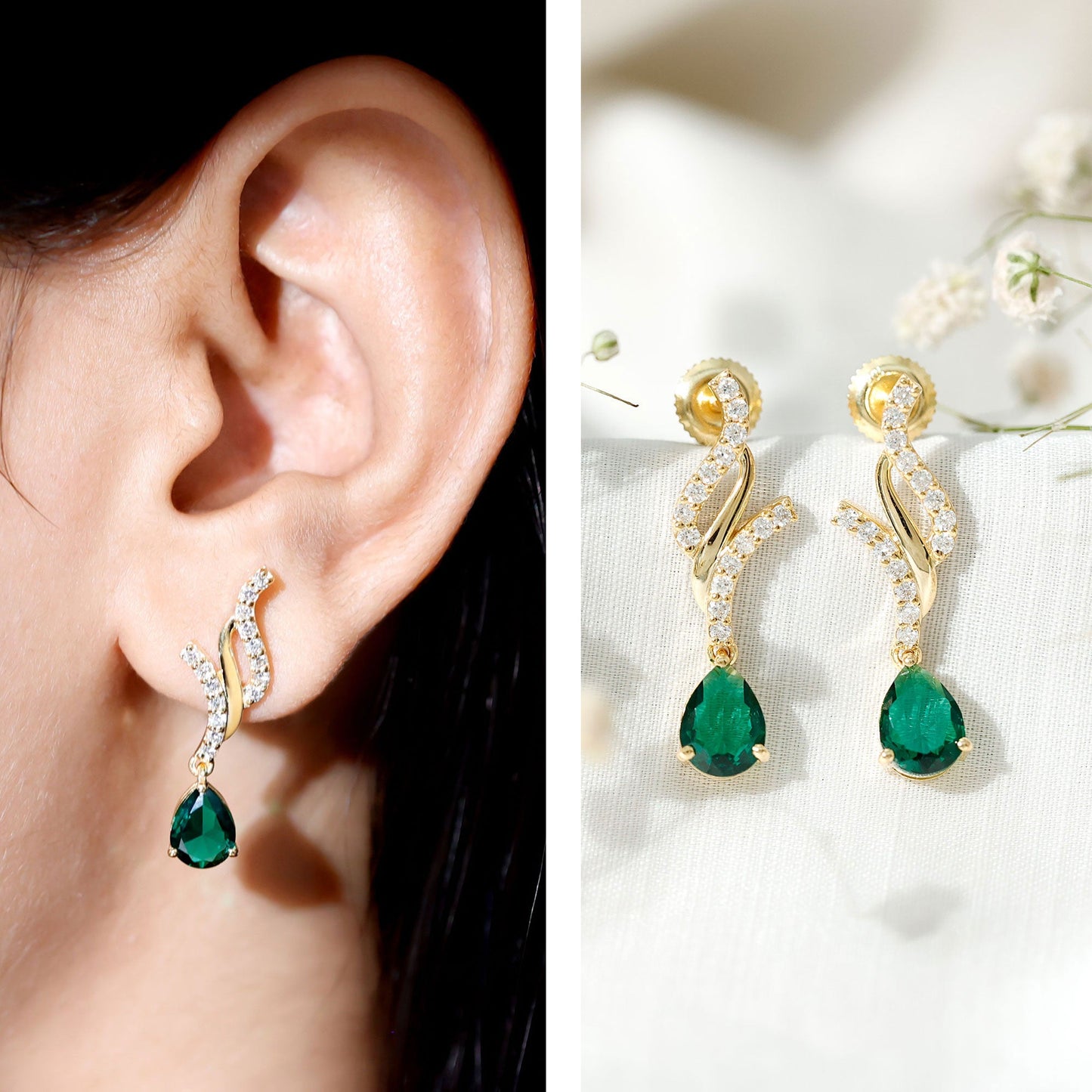 Vintage Lab Grown Emerald Teardrop Earrings with Diamond Accent
