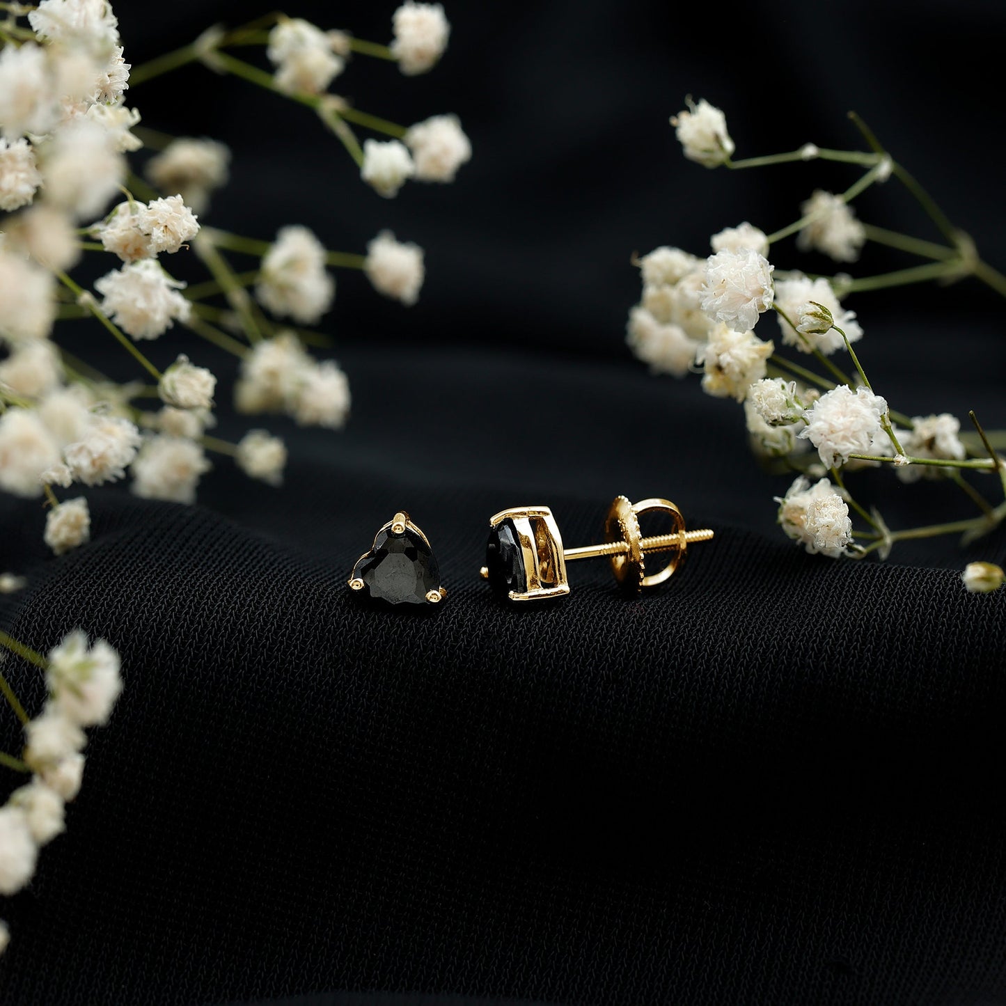 Lab Grown Black Diamond Heart Stud Earrings With Screw Back