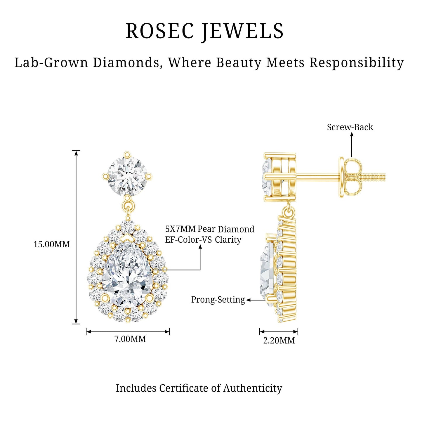 Lab 1.3 Carat Pear Shaped Diamond Bridal Drop Earrings