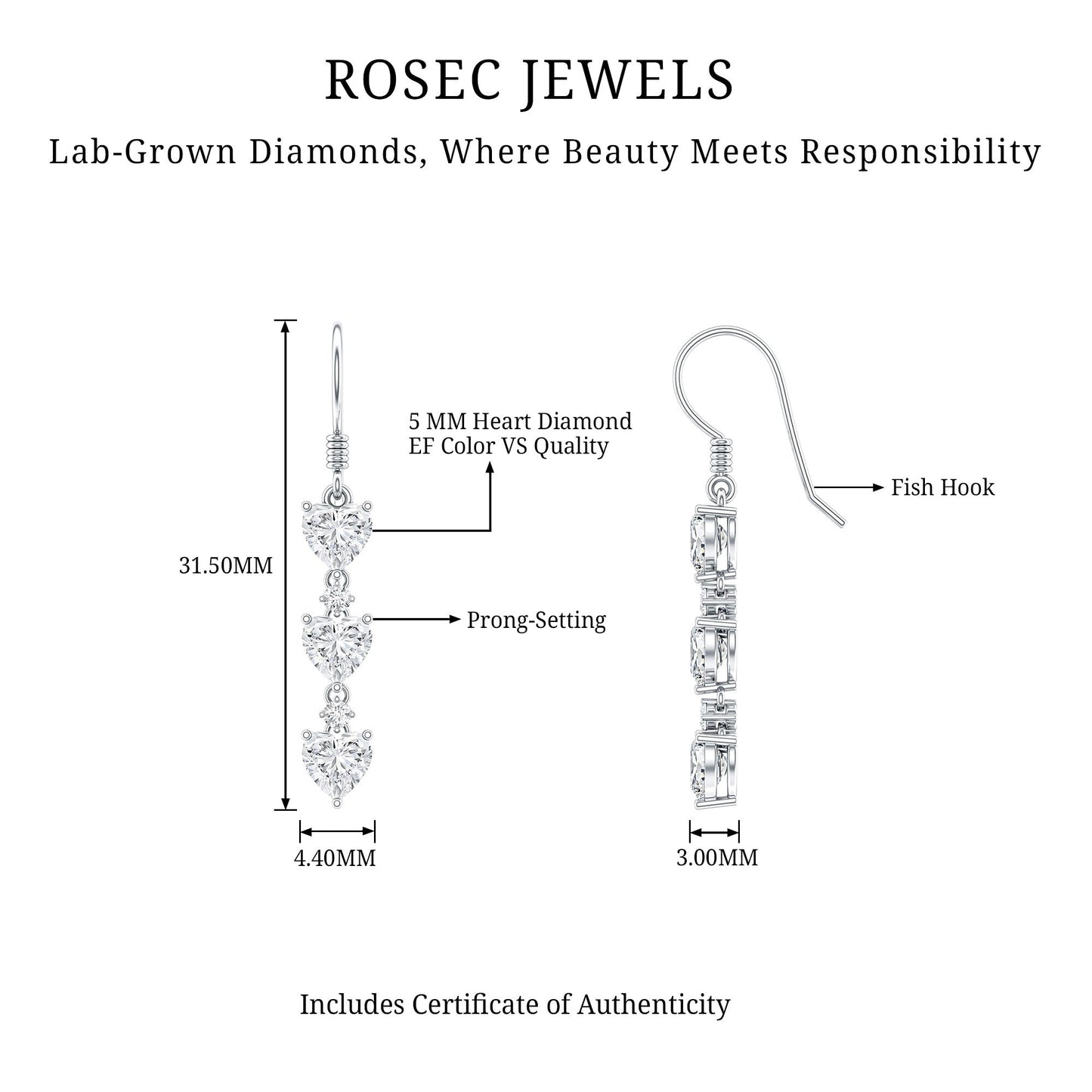 Certified Lab Heart Shaped Diamond Fish Hook Dangle Earrings