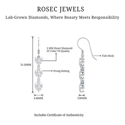 Certified Lab Heart Shaped Diamond Fish Hook Dangle Earrings
