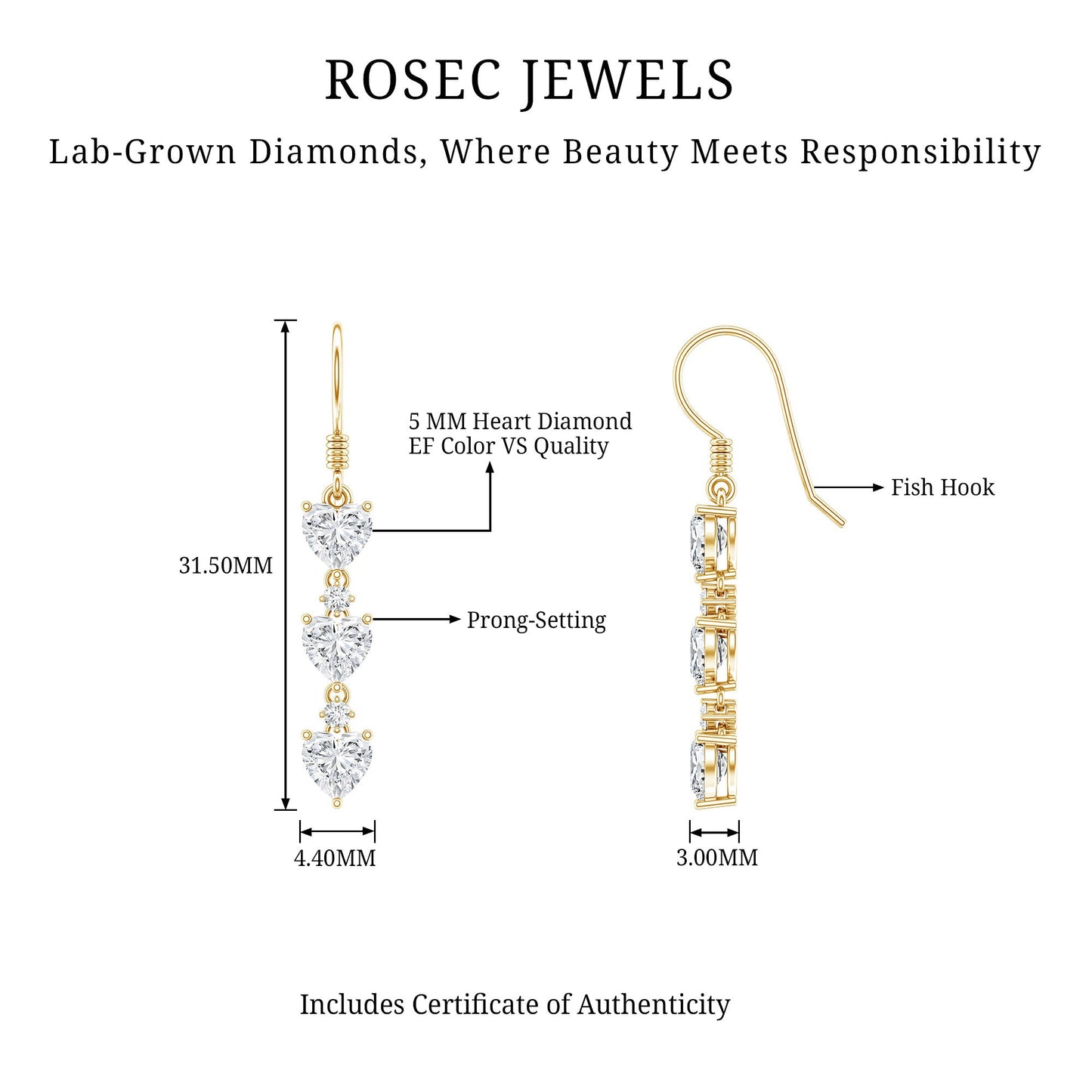 Certified Lab Heart Shaped Diamond Fish Hook Dangle Earrings
