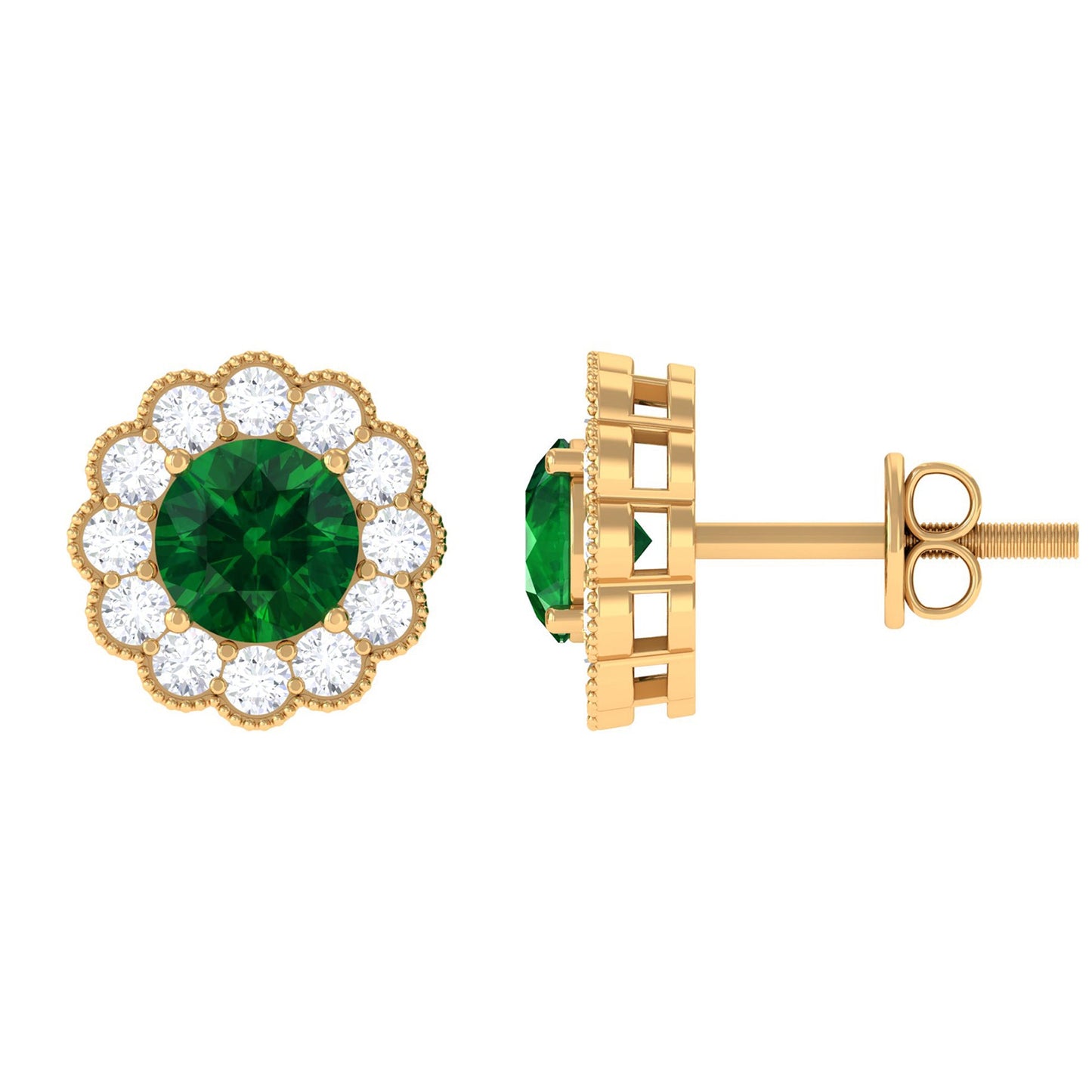 Lab Created Emerald Floral Stud Earrings with Diamond Halo
