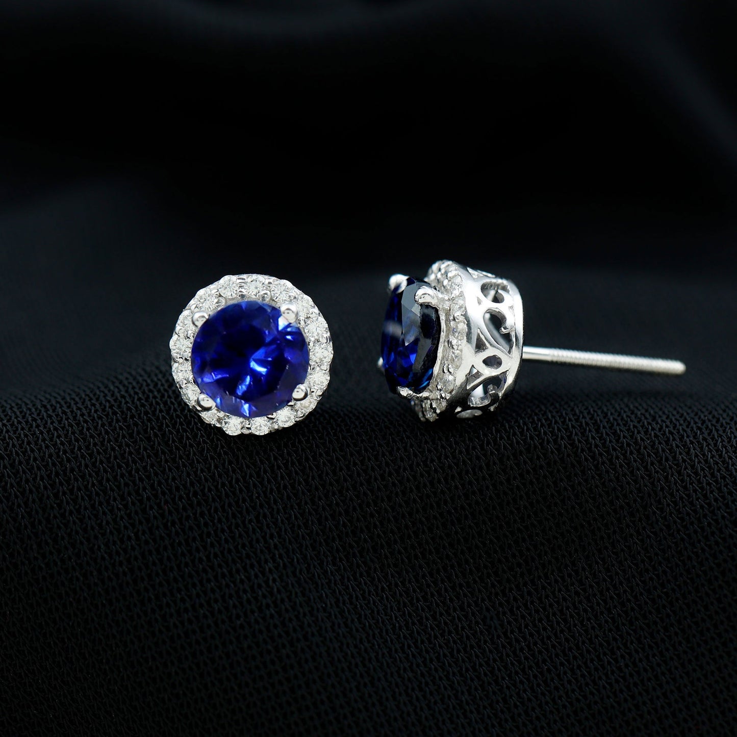Round Lab Grown Blue Sapphire Stud Earrings With Moissanite Halo