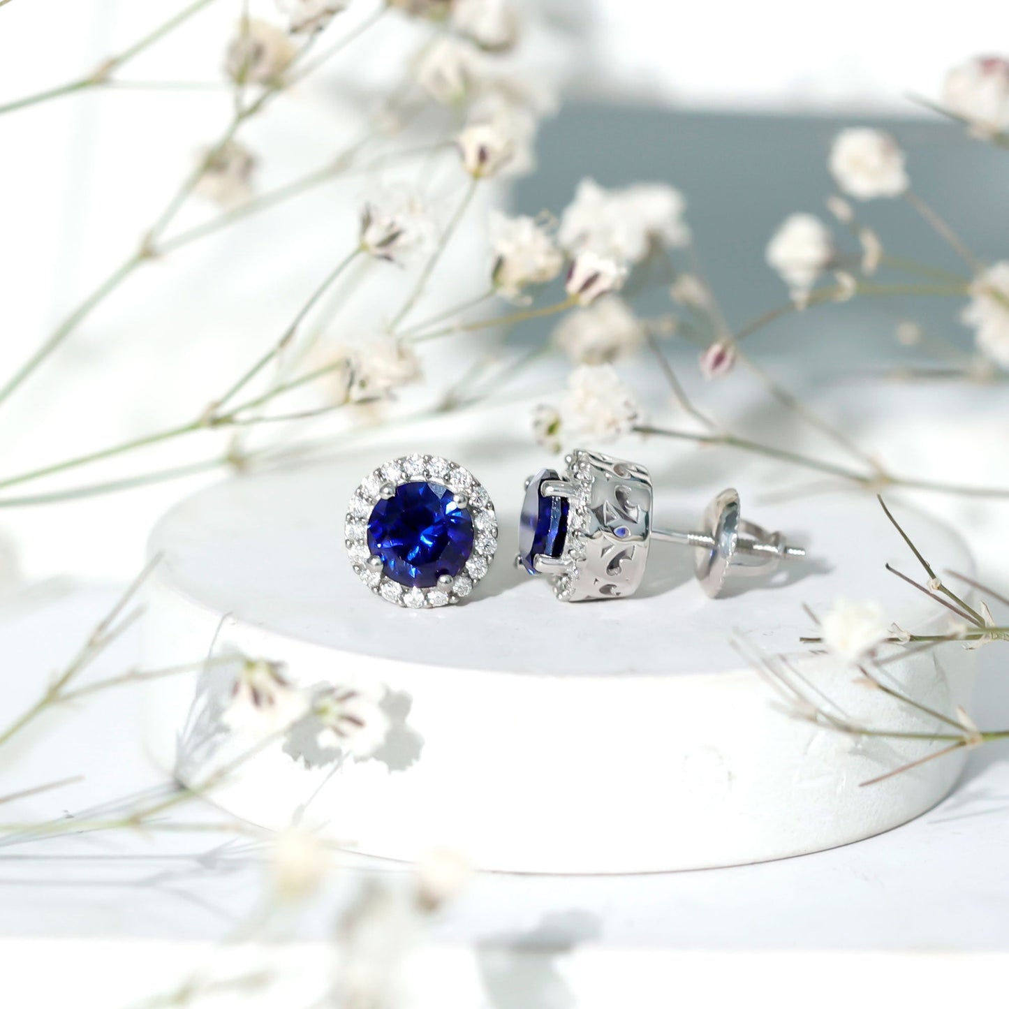 Certified 2 Carat Lab Grown Blue Sapphire Stud Earrings With Moissanite Halo