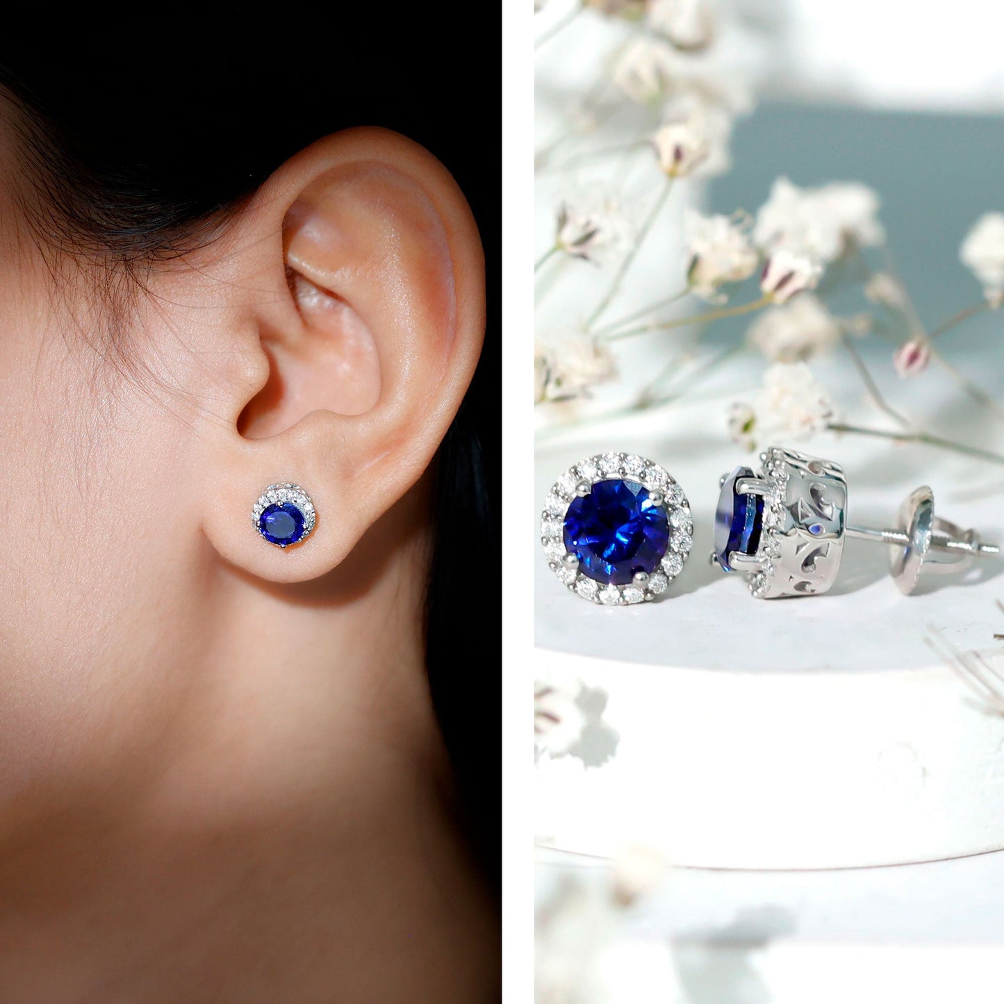 Certified 2 Carat Lab Grown Blue Sapphire Stud Earrings With Moissanite Halo