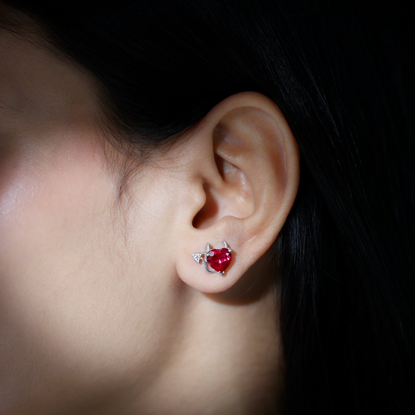 Certified 4 Carat Lab Grown Ruby Devil Heart Stud Earrings