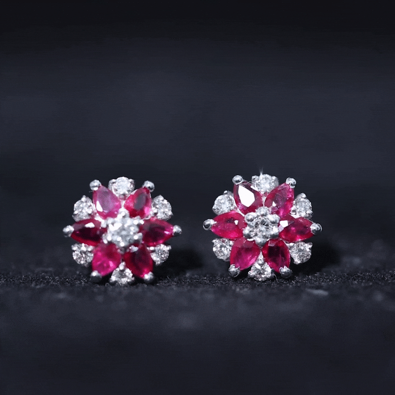 Pear Cut Ruby and Diamond Vintage Flower Earrings
