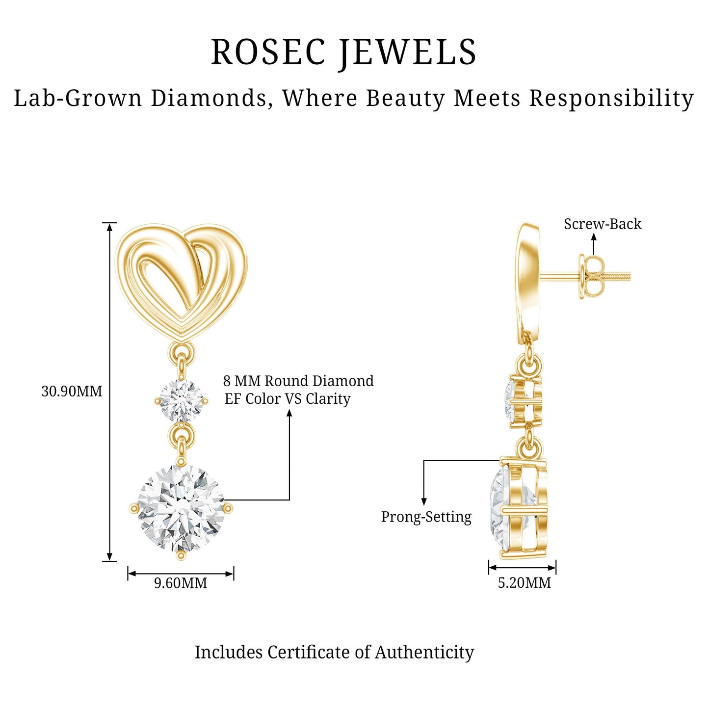 Certified Lab Grown Diamond Heart Dangle Drop Earrings