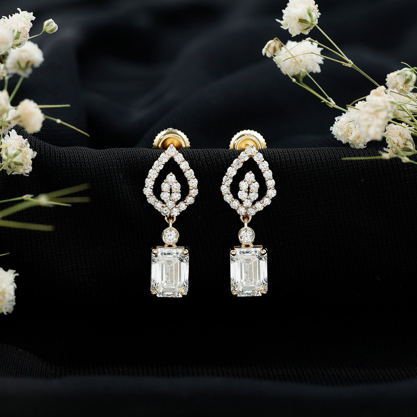 Emerald Cut Lab Grown Diamond Art Deco Drop Earrings