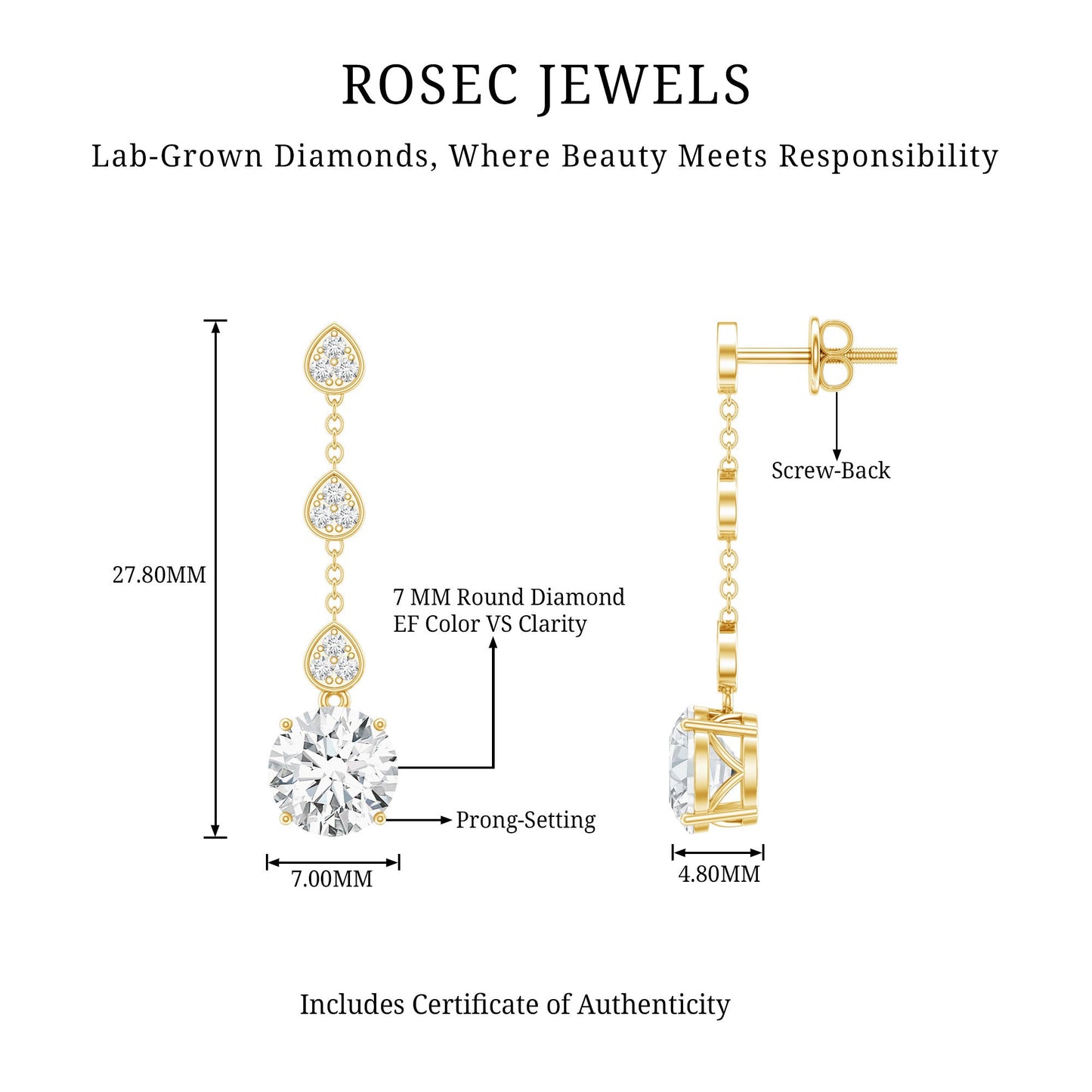 Certified Lab 2.5 Carat Round Diamond Dangle Chain Earrings
