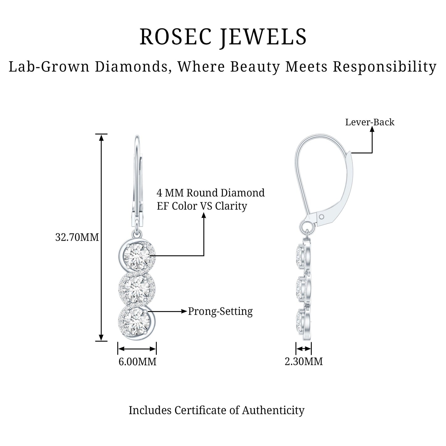 Certified Lab Grown Diamond 3 Stone Dangle Earrings