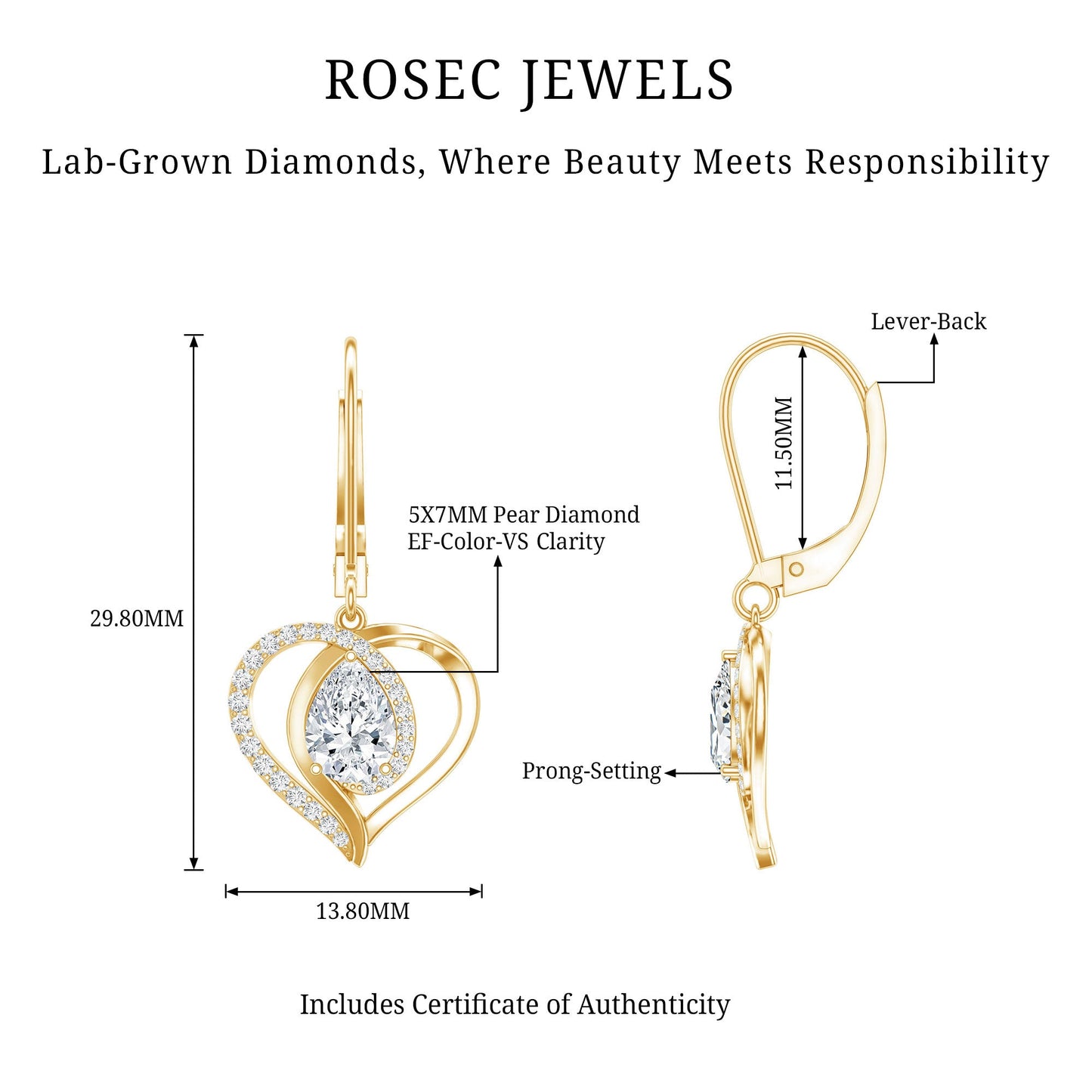 Certified 1.3 Carat Pear Lab Grown Diamond Heart Drop Earrings