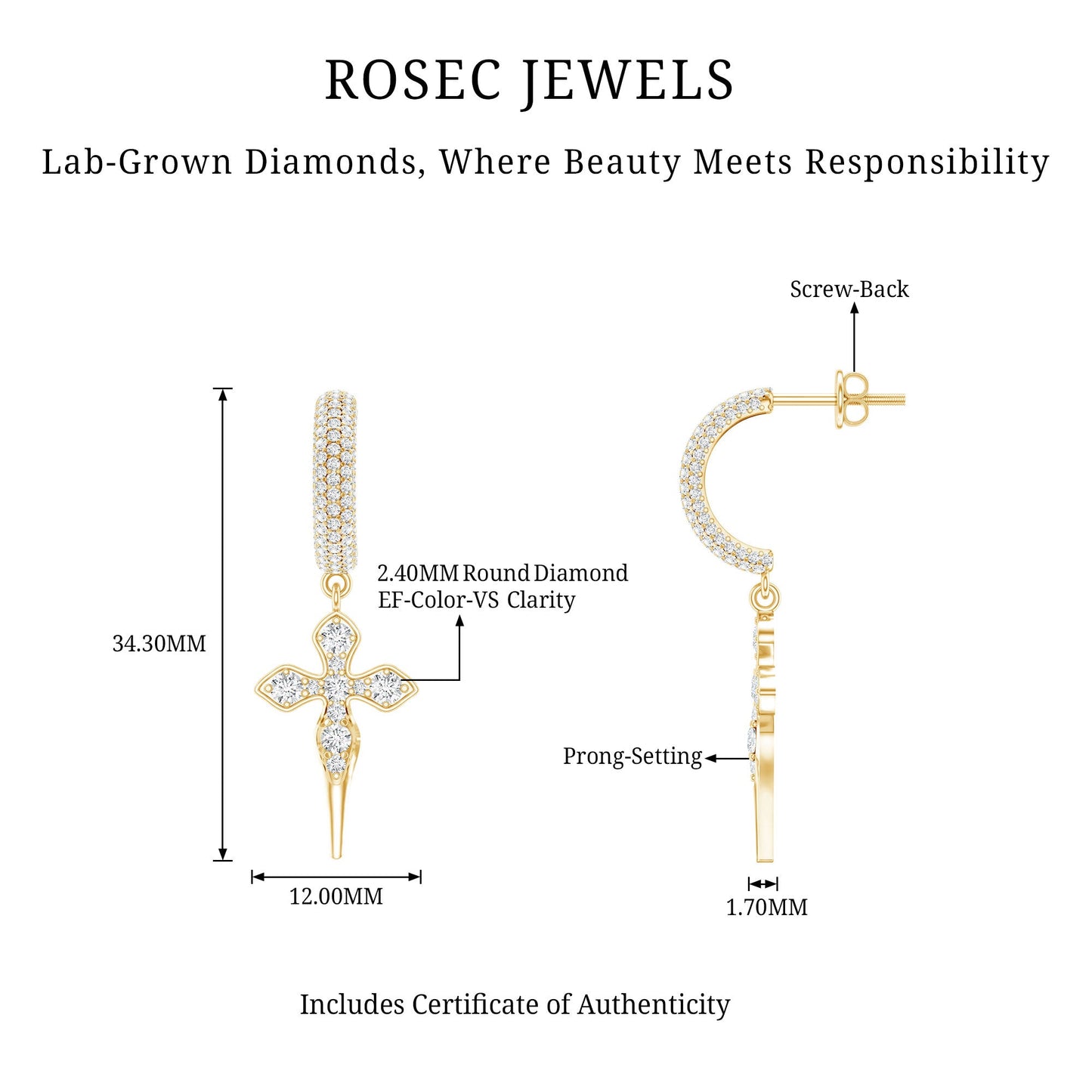 Lab Grown Diamond Designer Cross Earrings With Screw Back