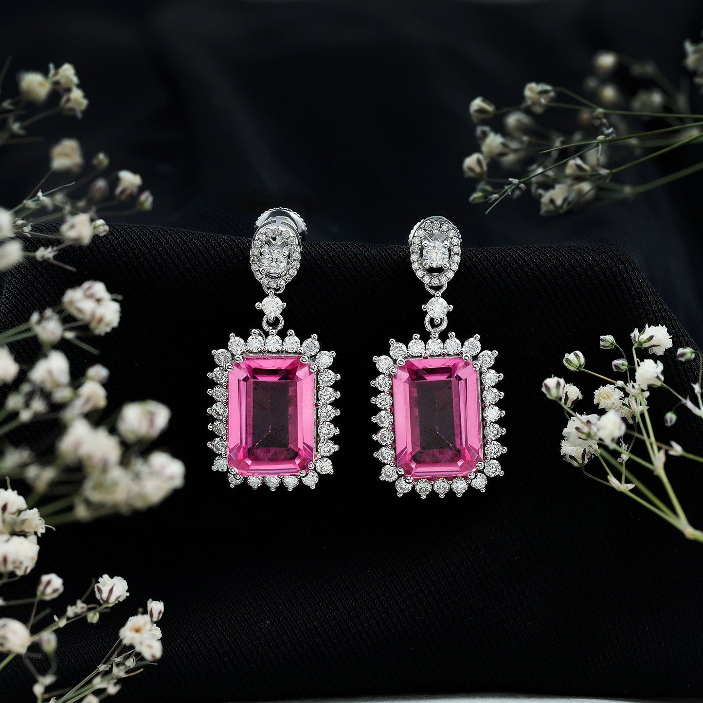 18 Carat Emerald Cut Lab Grown Pink Sapphire Statement Earrings for Wedding