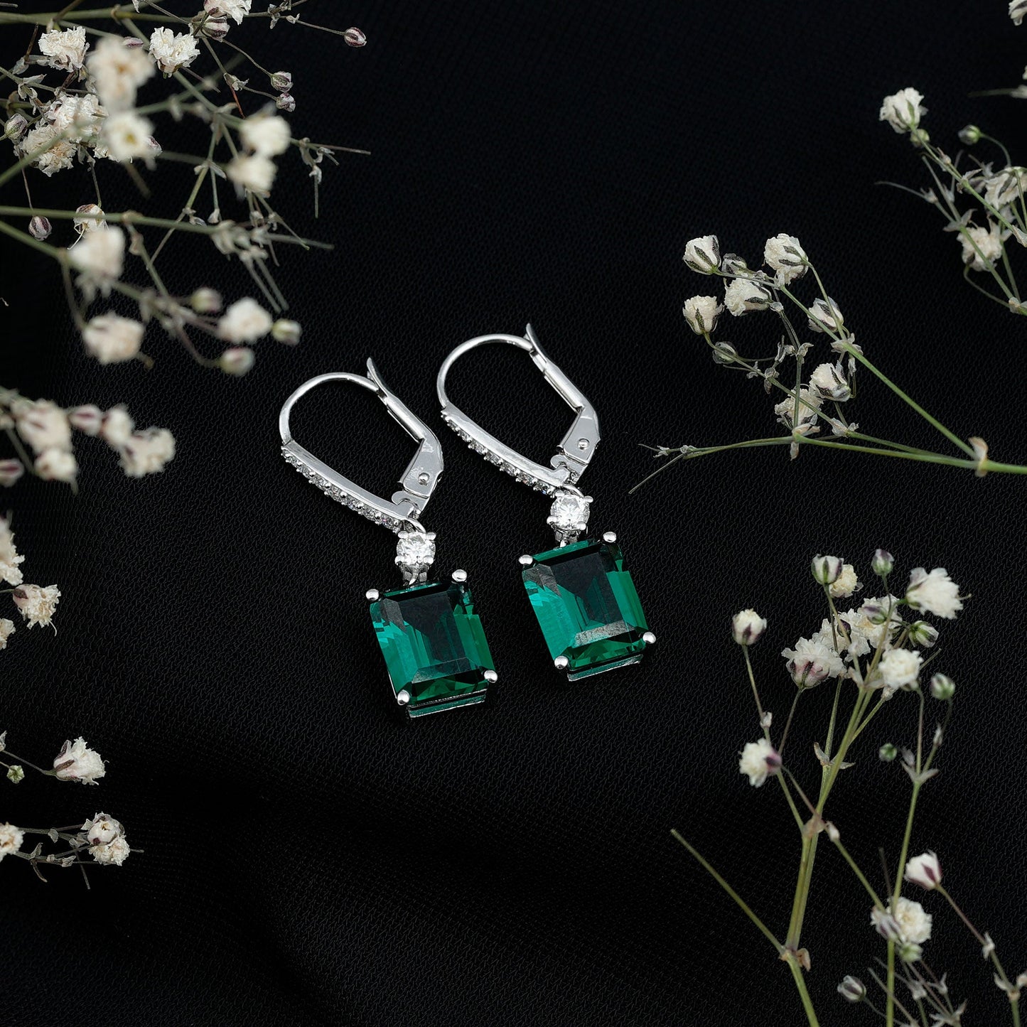 Sterling Silver 6.5 Carat Lab Grown Emerald Drop Earrings For Women