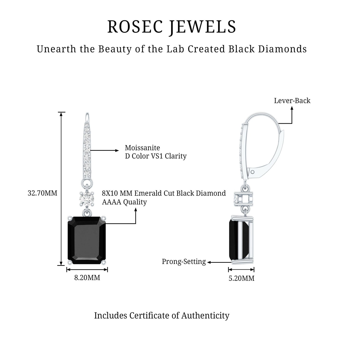Certified 6 Carat Lab Grown Black Diamond Dangling Earrings