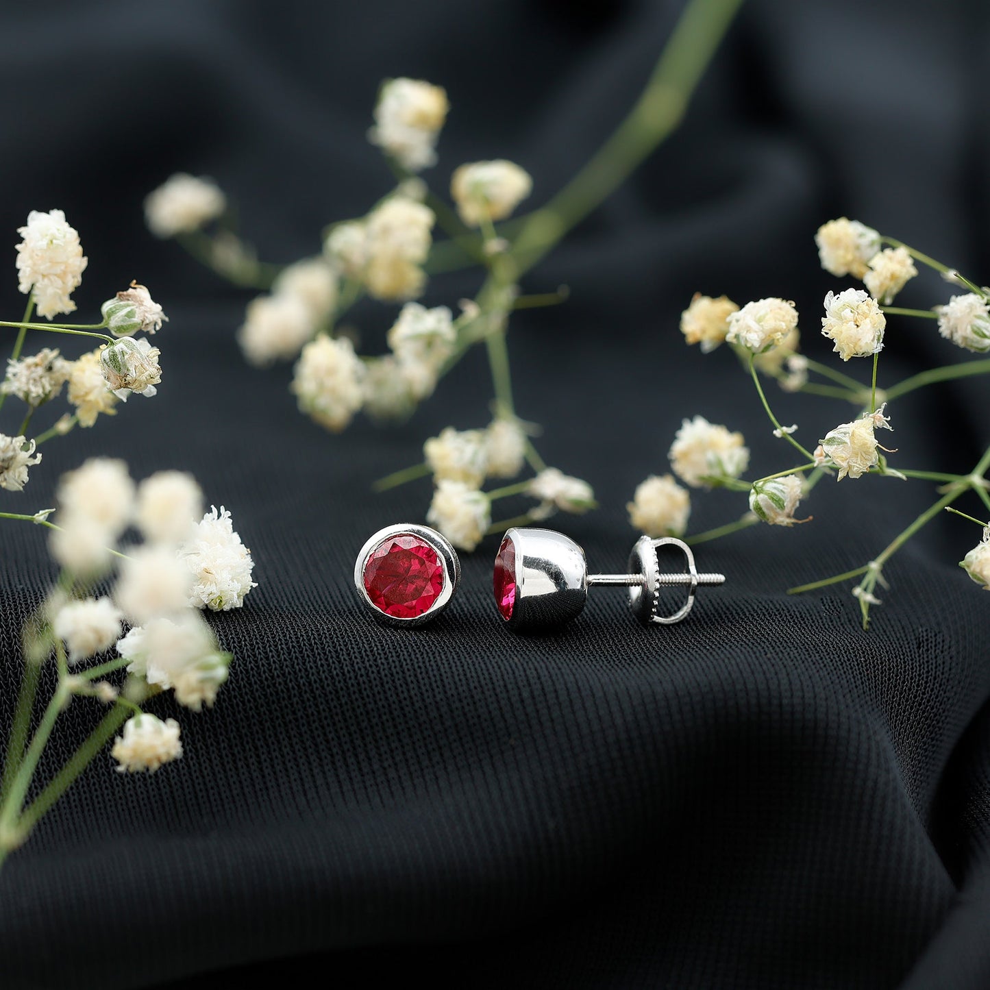 Lab Grown Ruby Solitaire Stud Earrings in Bezel Setting
