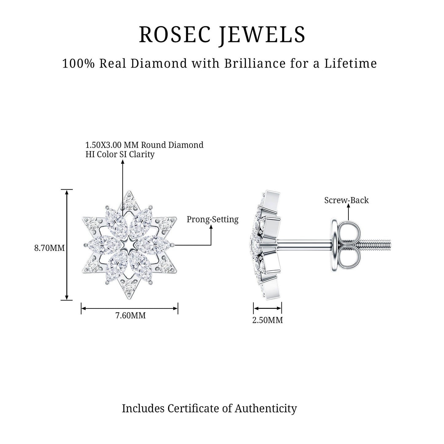 Round Diamond Flower Stud Earrings With Screw Back