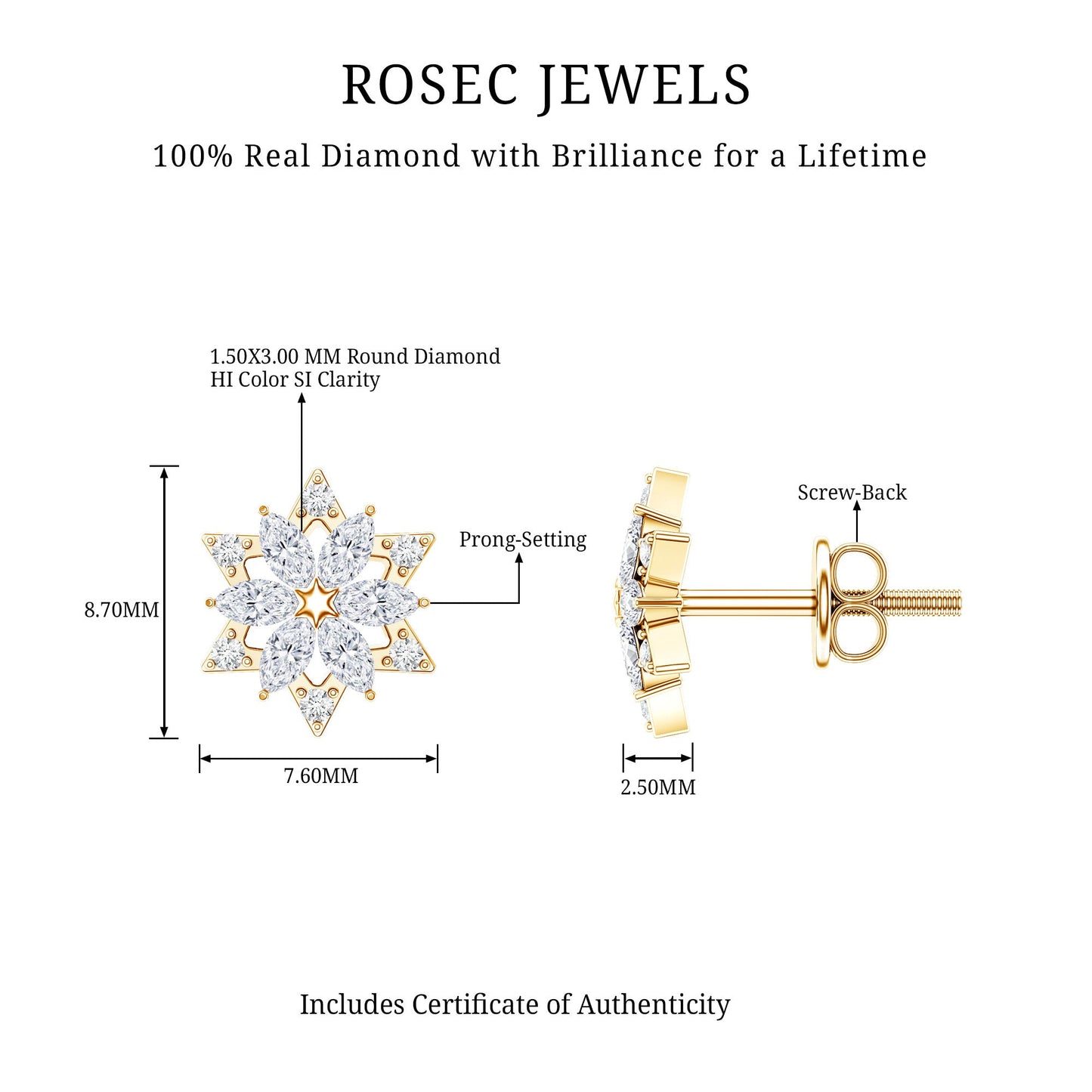 Round Diamond Flower Stud Earrings With Screw Back