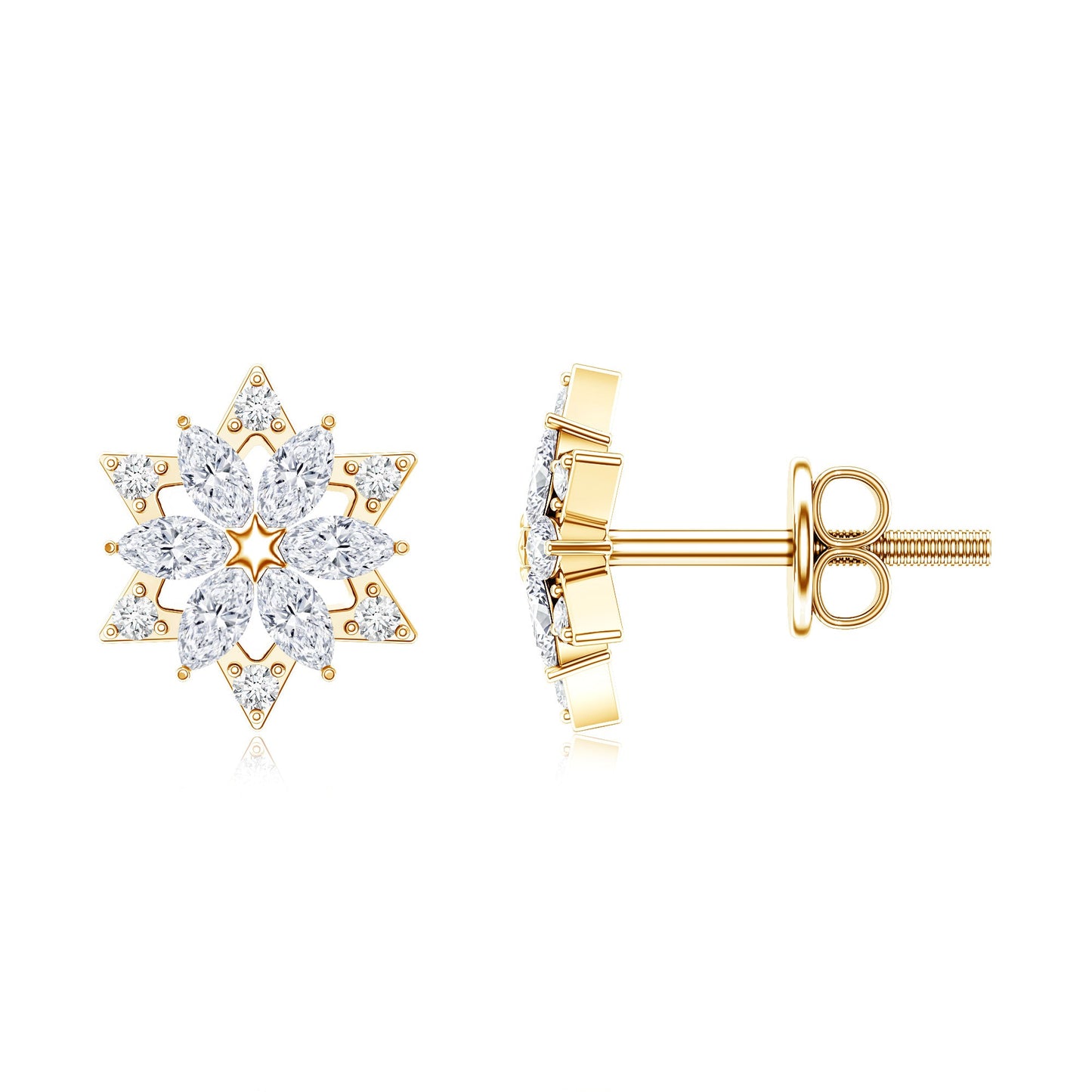 Round Diamond Flower Stud Earrings With Screw Back