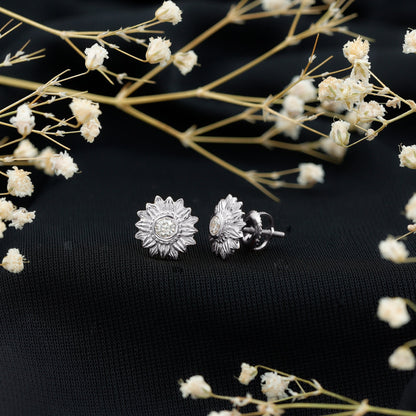 Diamond Sunflower Stud Earrings For Her
