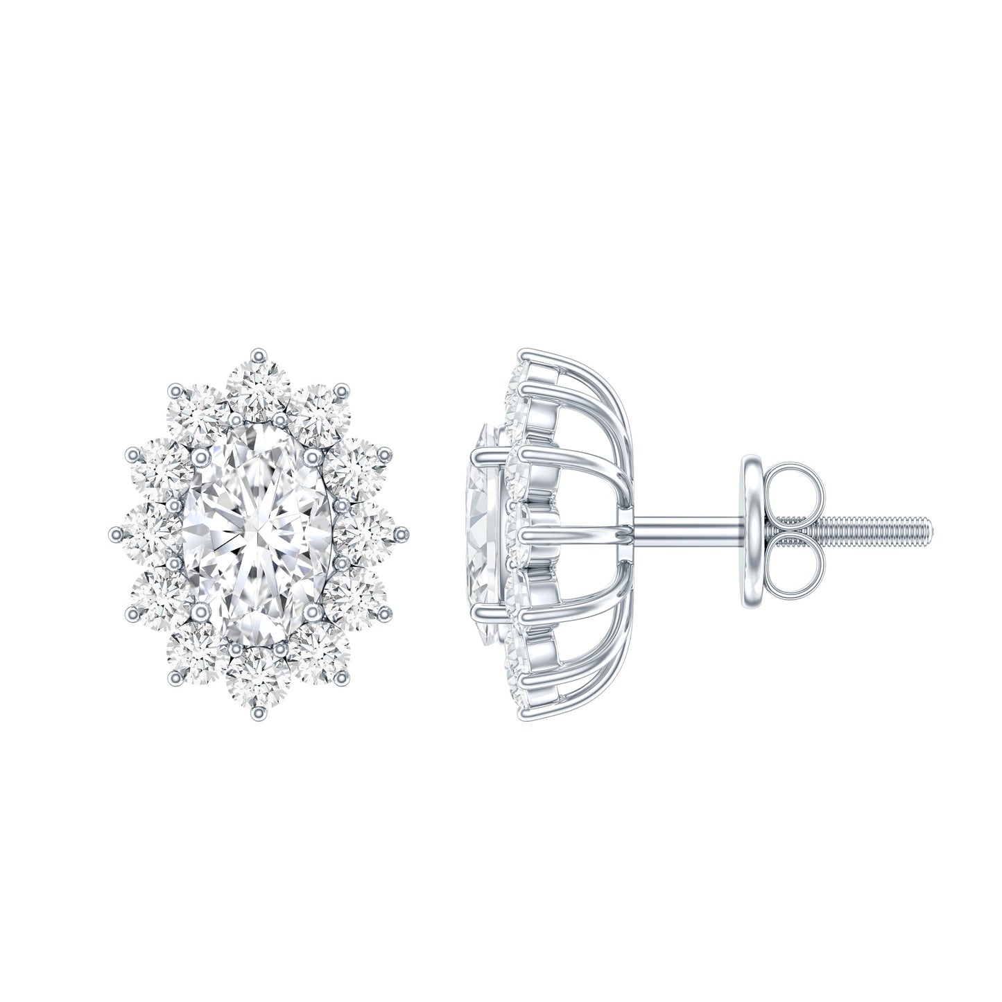 Oval Shaped CZ Diamond Halo Stud Earrings with Screw Back
