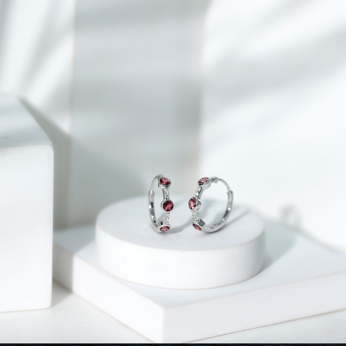 Bezel Set Pink Tourmaline Hinged Hoop Earrings with Diamond