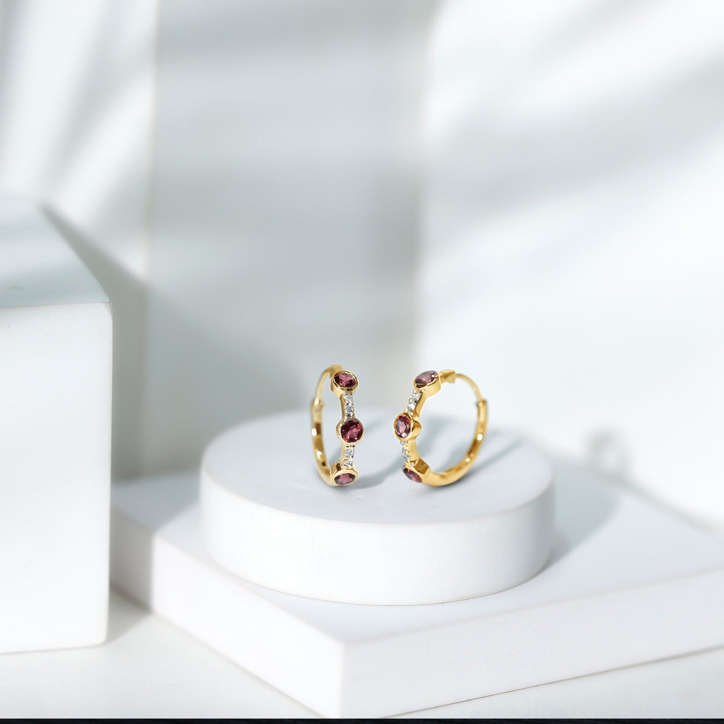 Bezel Set Pink Tourmaline Hinged Hoop Earrings with Diamond