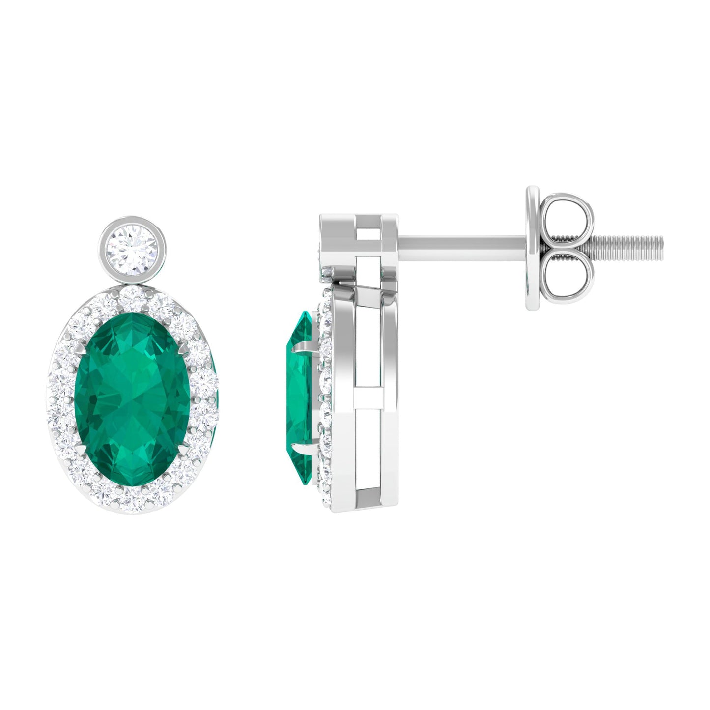 0.8 Carat Oval Emerald and Diamond Halo Stud Earrings