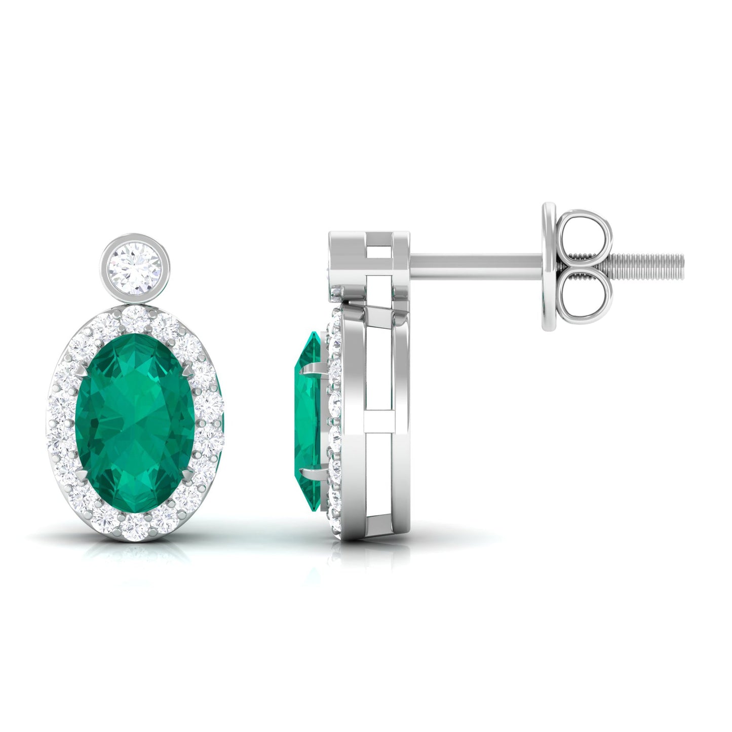 0.8 Carat Oval Emerald and Diamond Halo Stud Earrings
