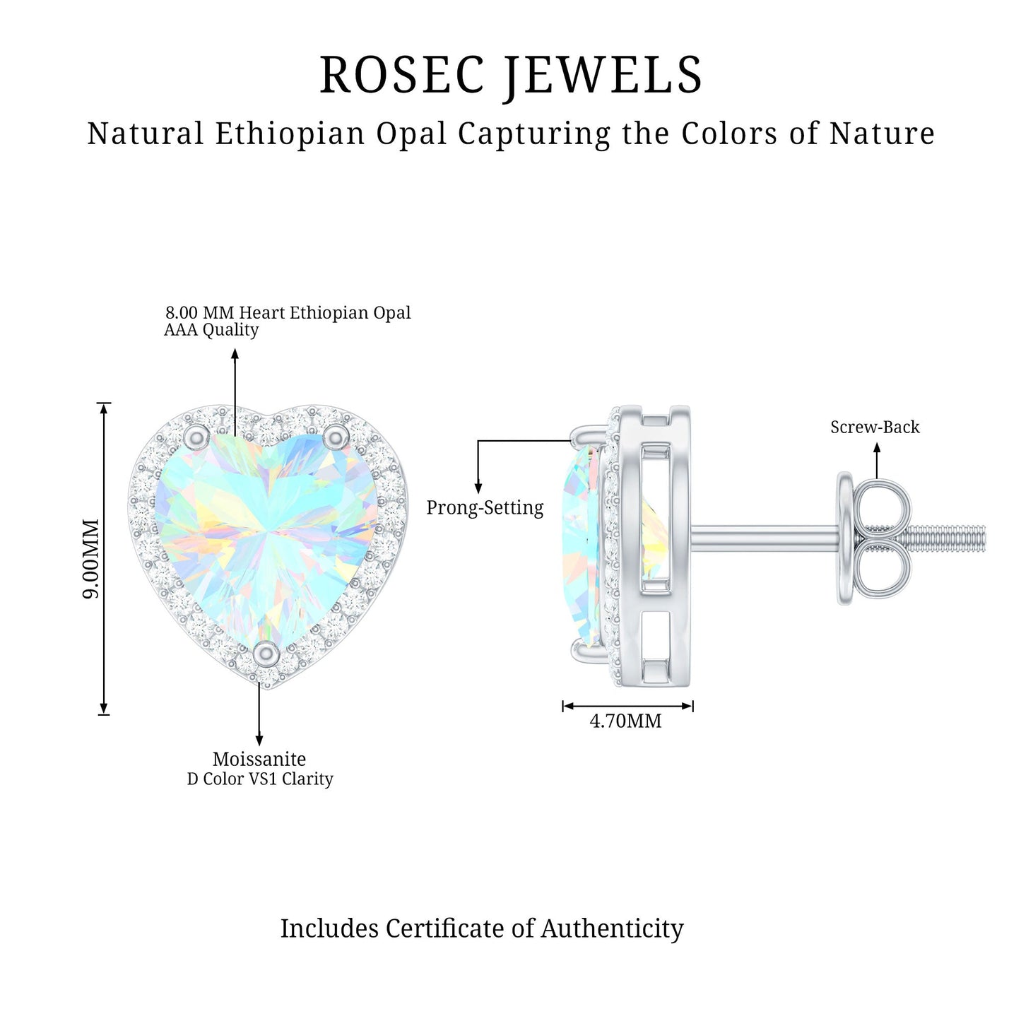 Natural Ethiopian Opal Heart Stud Earrings with Halo