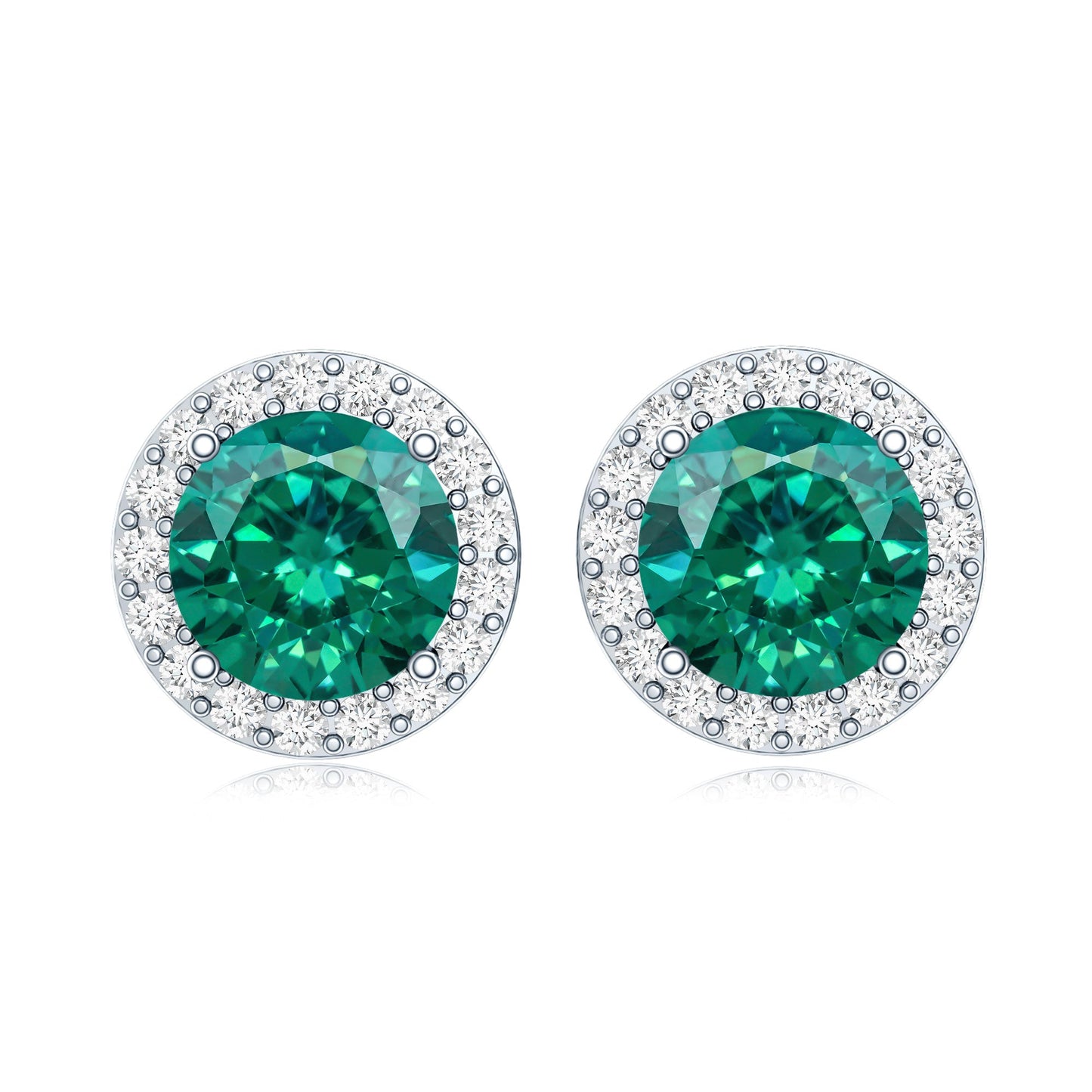 Created Emerald and Diamond Classic Halo Stud Earrings