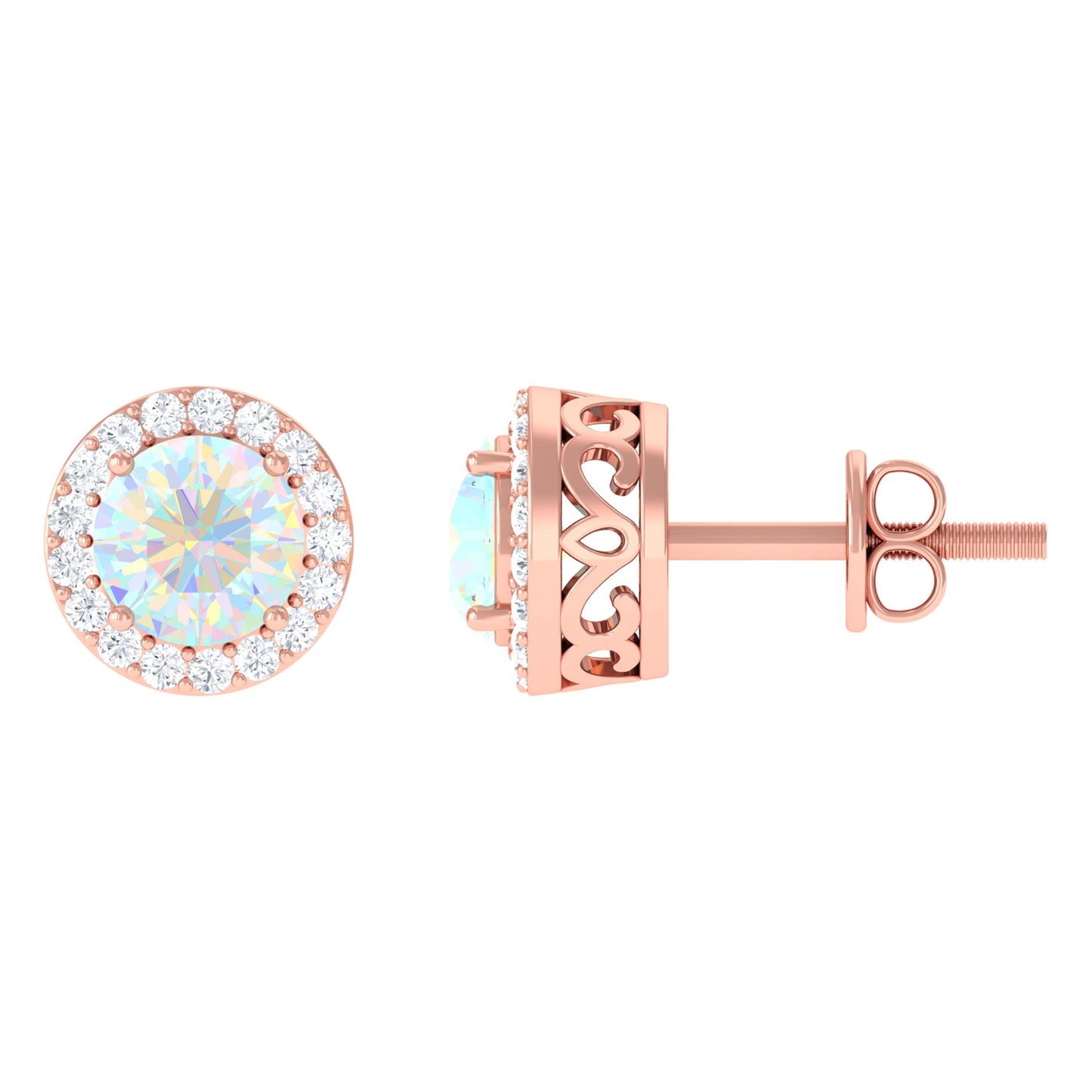 1.6 Carat Round Ethiopian Opal Stud Earrings with Diamond Halo in Prong Setting