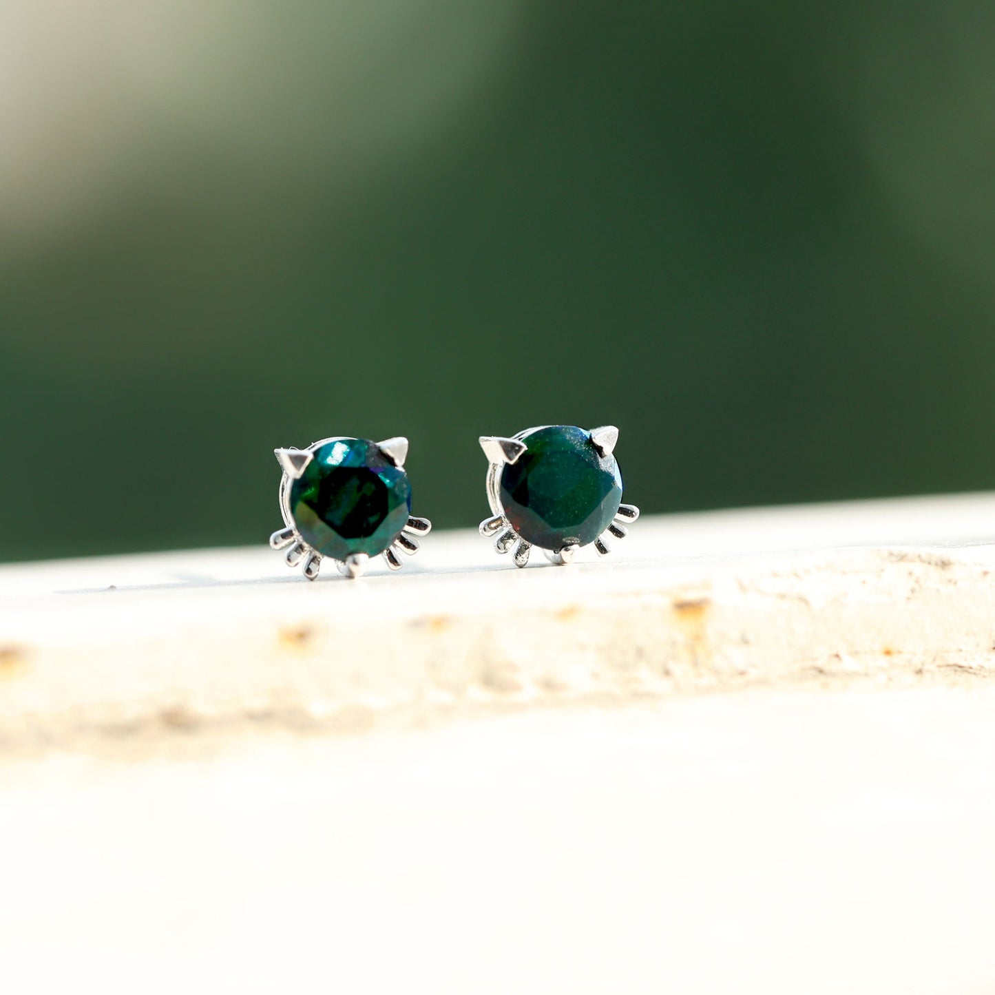 Solitaire Black Opal Cat Stud Earrings with Screw Back