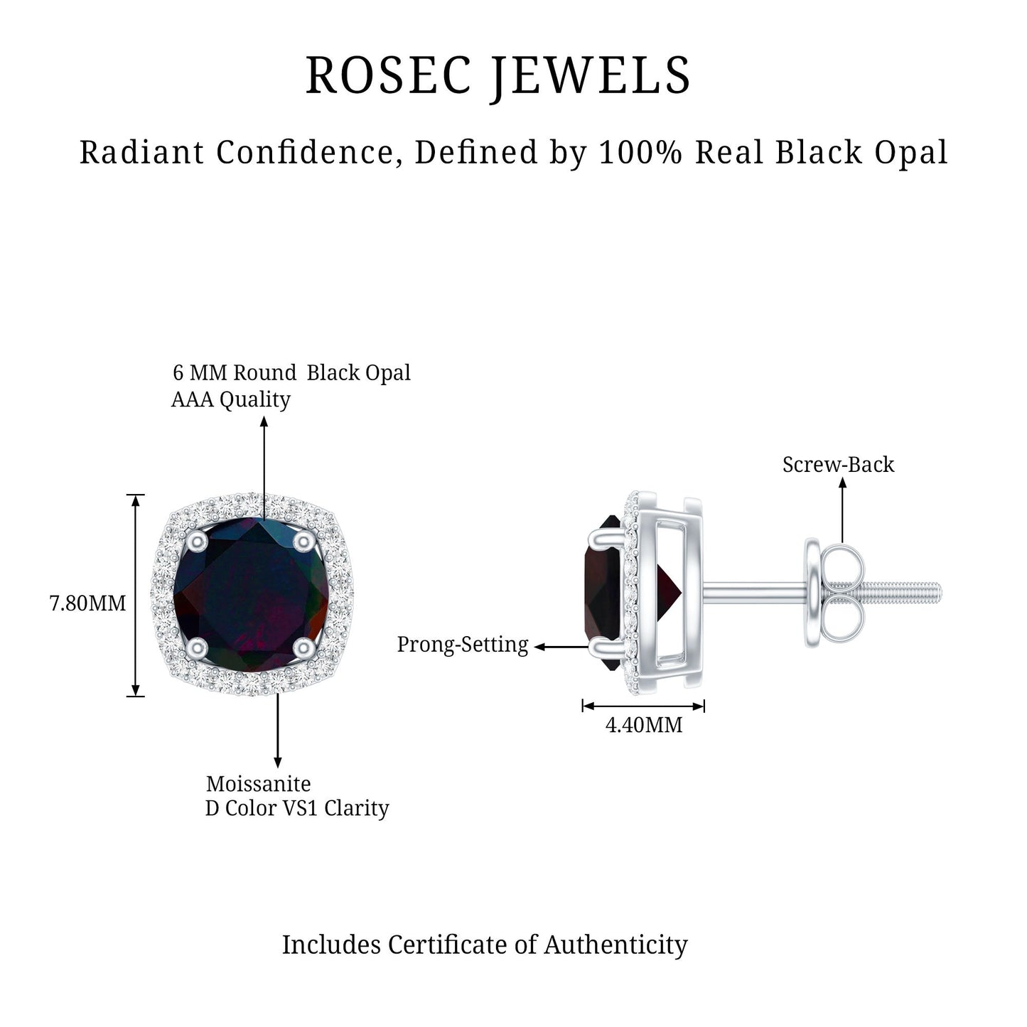 Round Shape Black Opal Stud Earrings with Moissanite Halo
