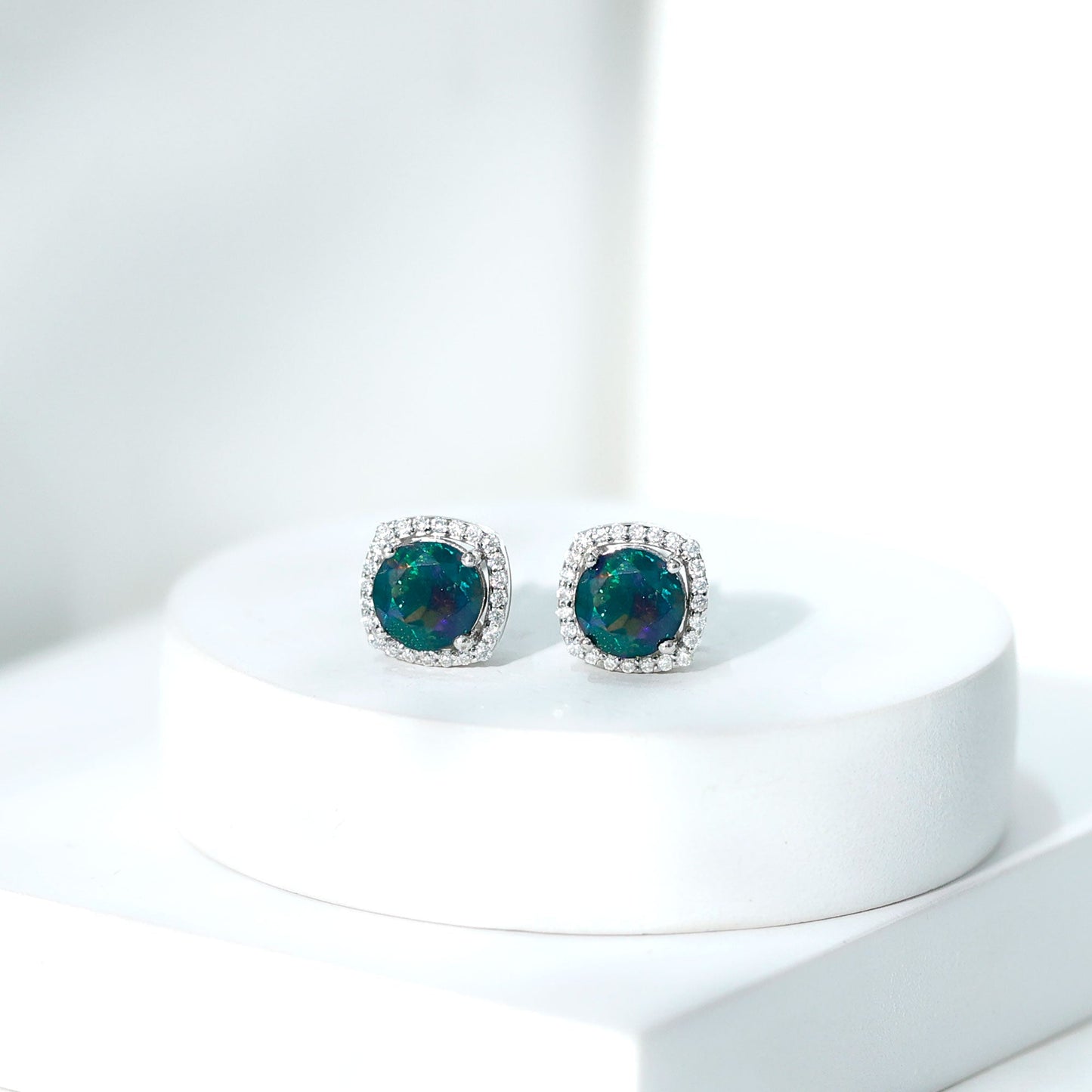Round Shape Black Opal Stud Earrings with Moissanite Halo