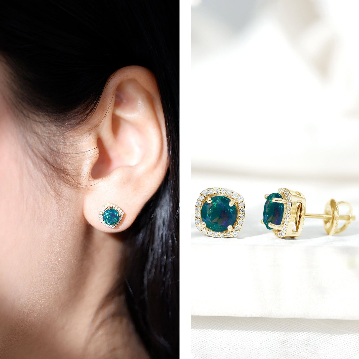 Round Shape Black Opal Stud Earrings with Moissanite Halo