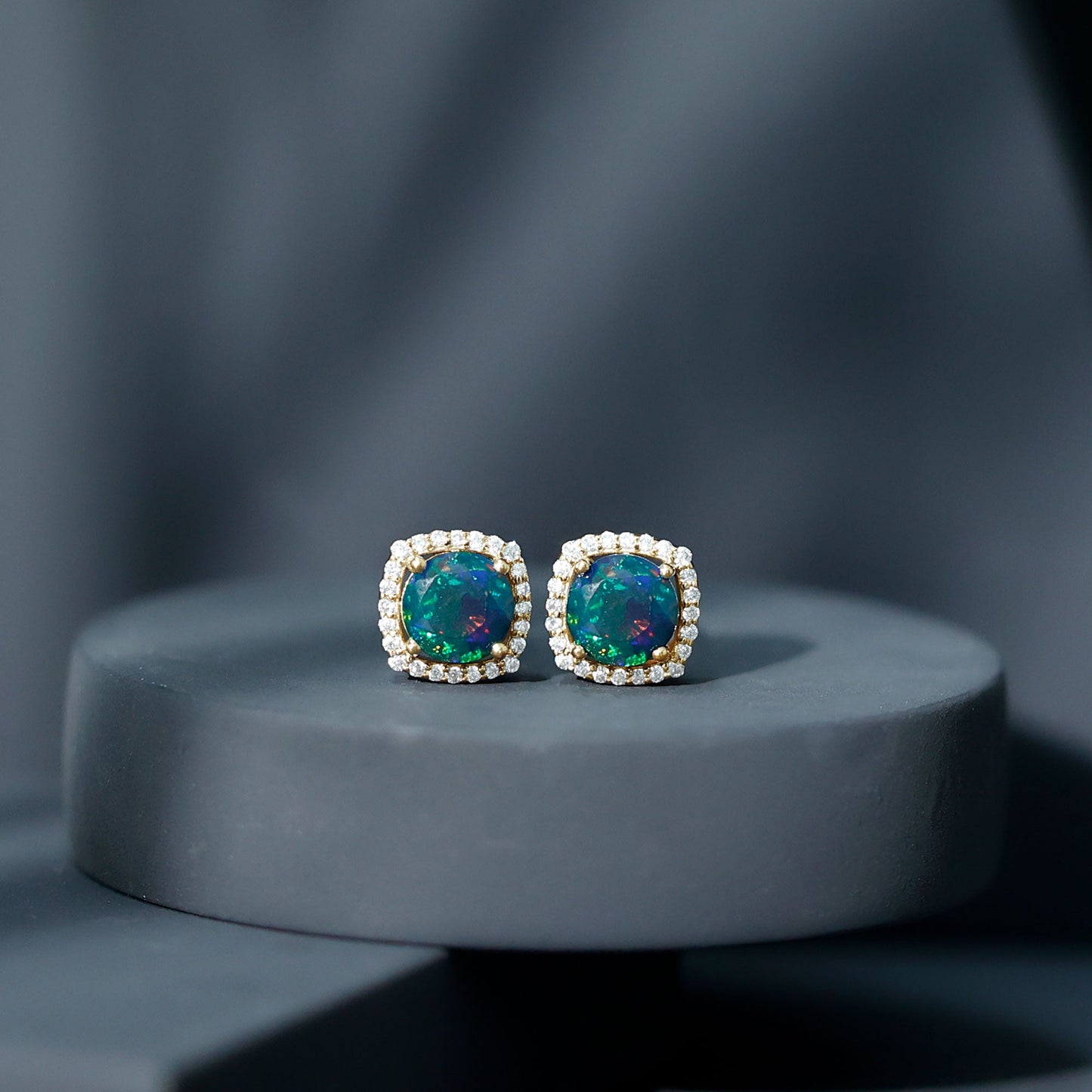 Round Shape Black Opal Stud Earrings with Moissanite Halo