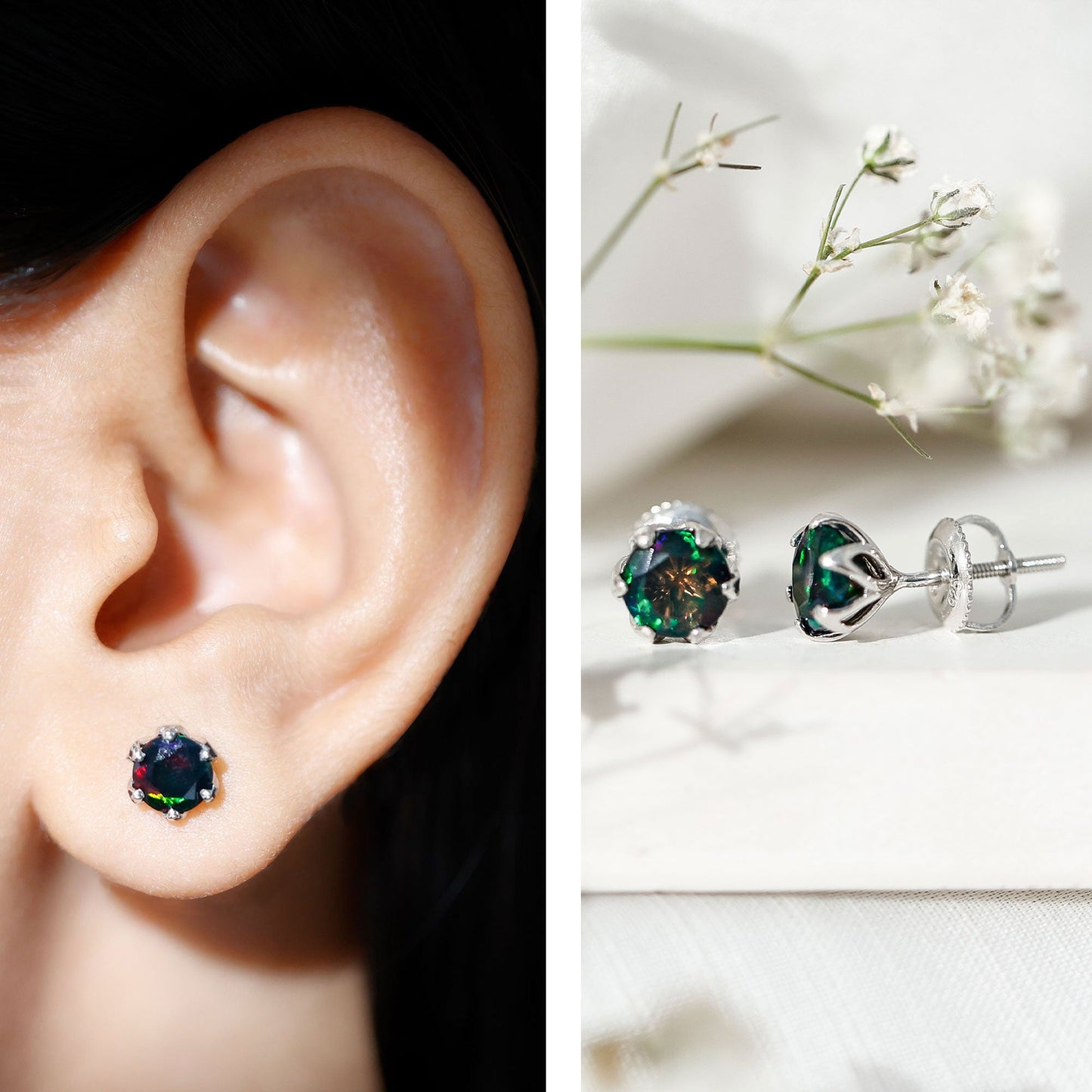 1.6 Carat Round Shape Black Opal Solitaire Stud Earrings