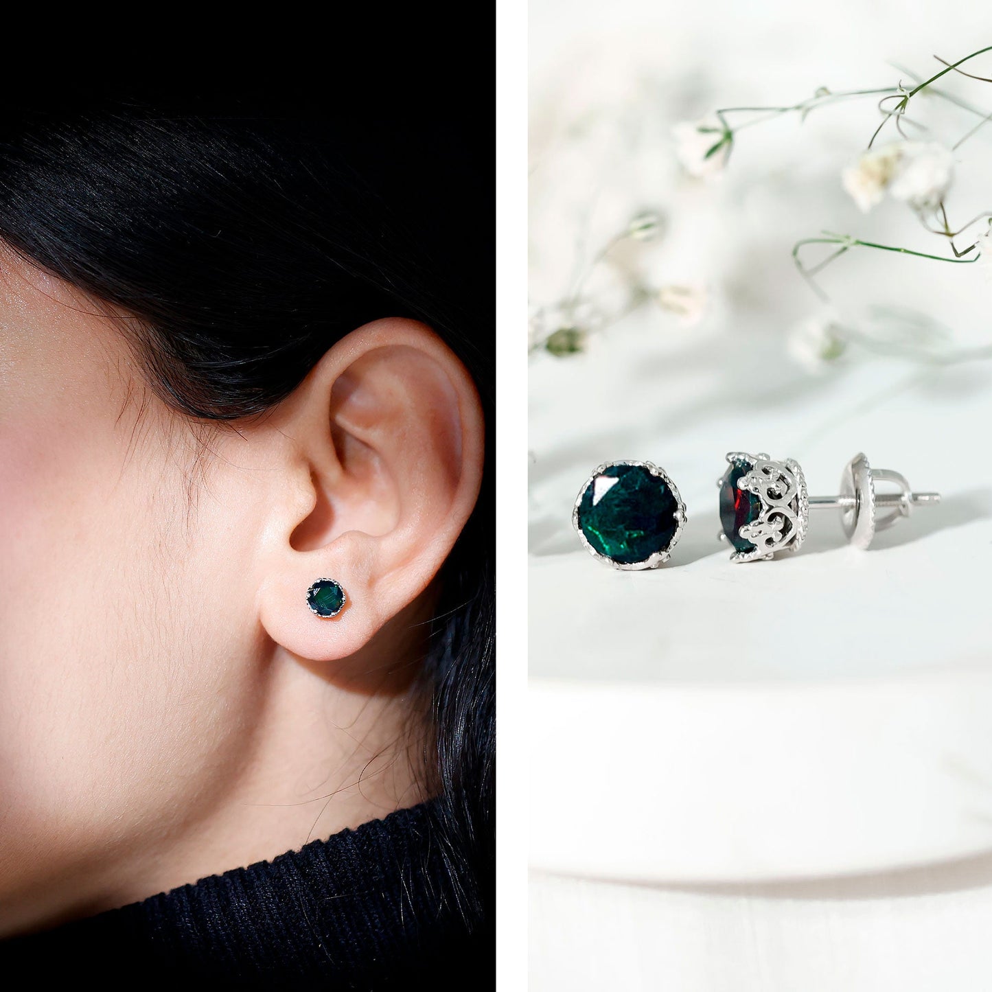 Natural 1.6 Carat Black Opal Crown Stud Earrings in Silver