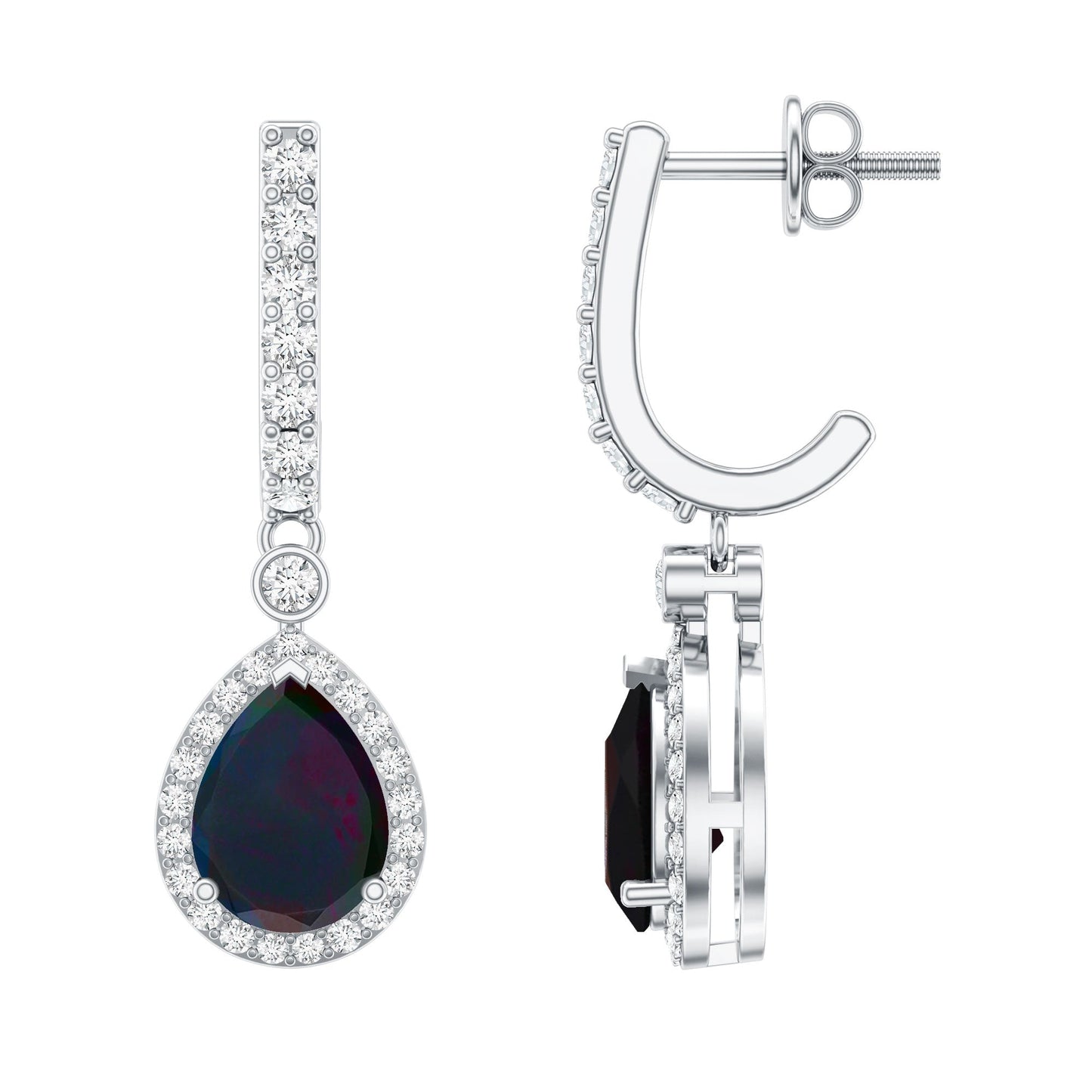 Natural 2 Carat Black Opal Teardrop Earrings with Moissanite